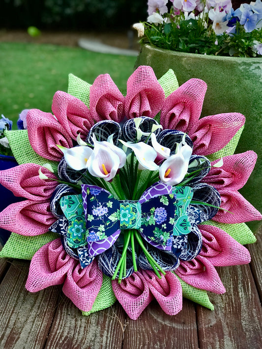 Flower Wreath with Fabric Bow & Floral Center