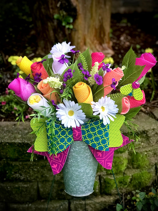 Dozen Roses & Flowers in a Tin Vase Hanger