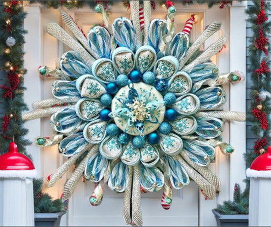 Ice Blue Snowflake Wreath, Christmas Wreath, Christmas Snowflake Wreath, Blue Holiday Wreath, Blinged Christmas Wreath