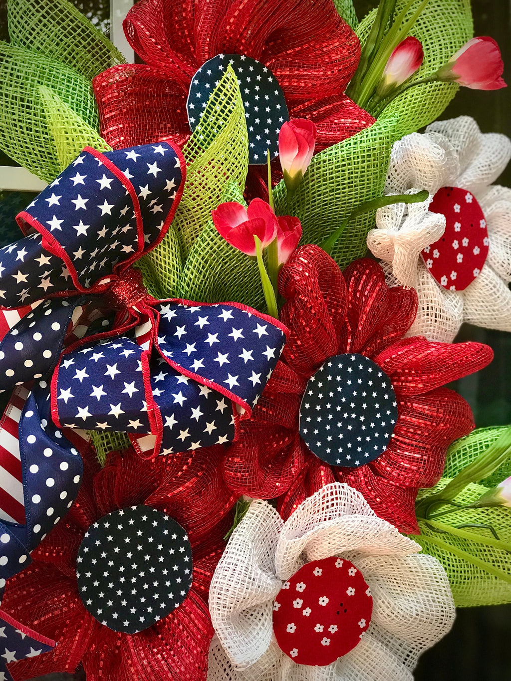 Patriotic Wreath, Flower Design, Red White & Blue with Ribbon Bow