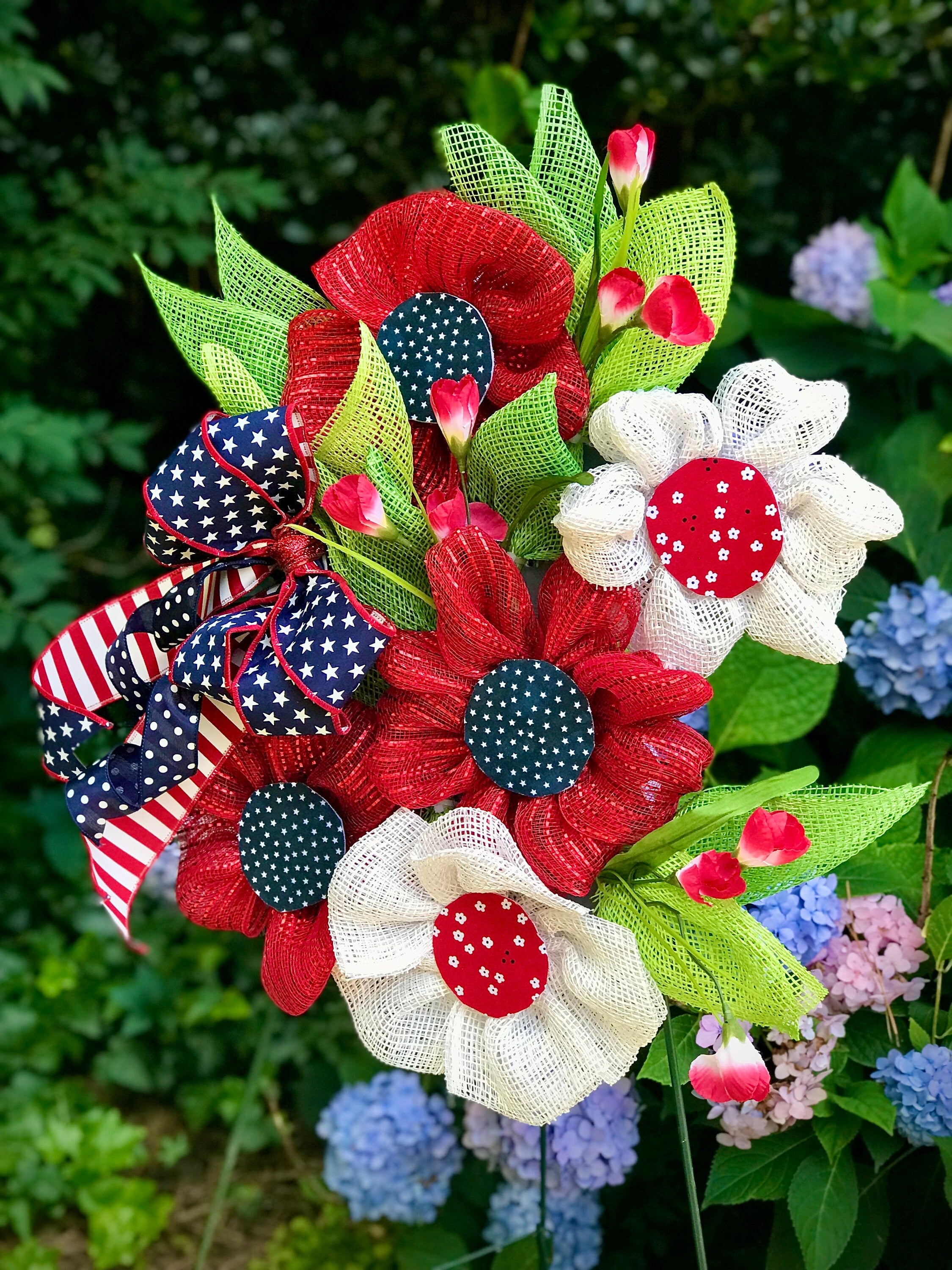 Patriotic Wreath, Flower Design, Red White & Blue with Ribbon Bow