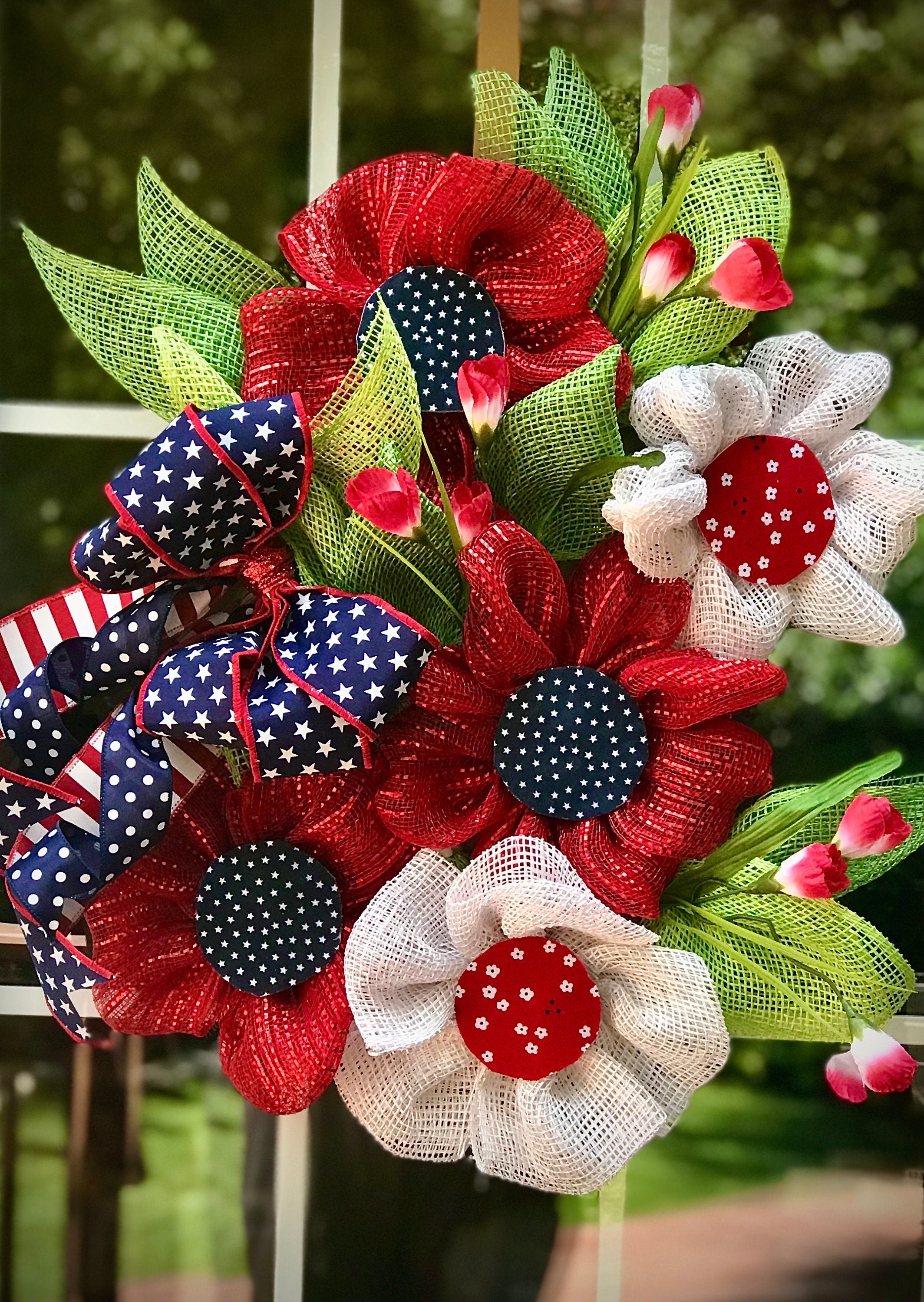 Patriotic Wreath, Flower Design, Red White & Blue with Ribbon Bow