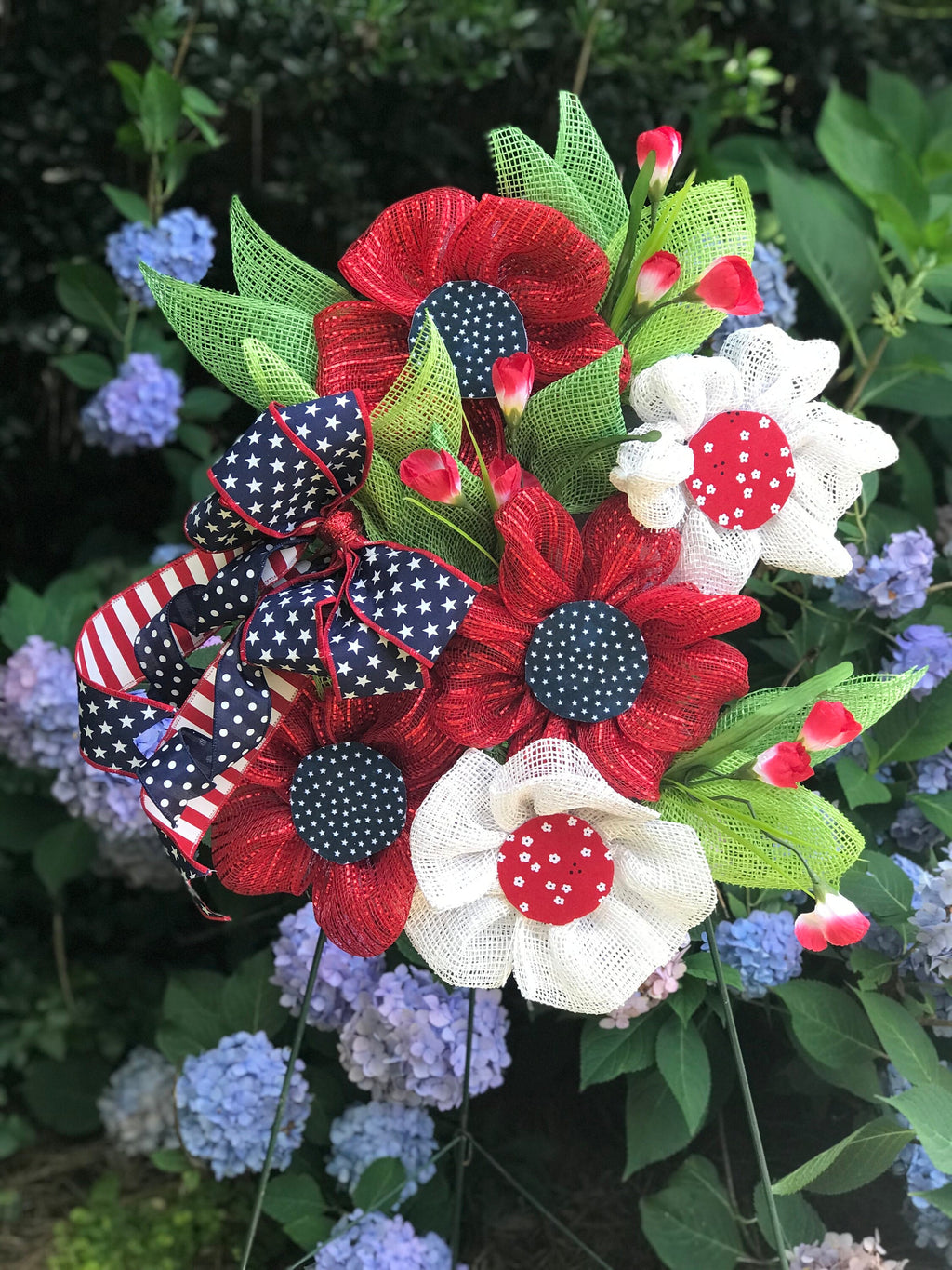 Patriotic Wreath, Flower Design, Red White & Blue with Ribbon Bow