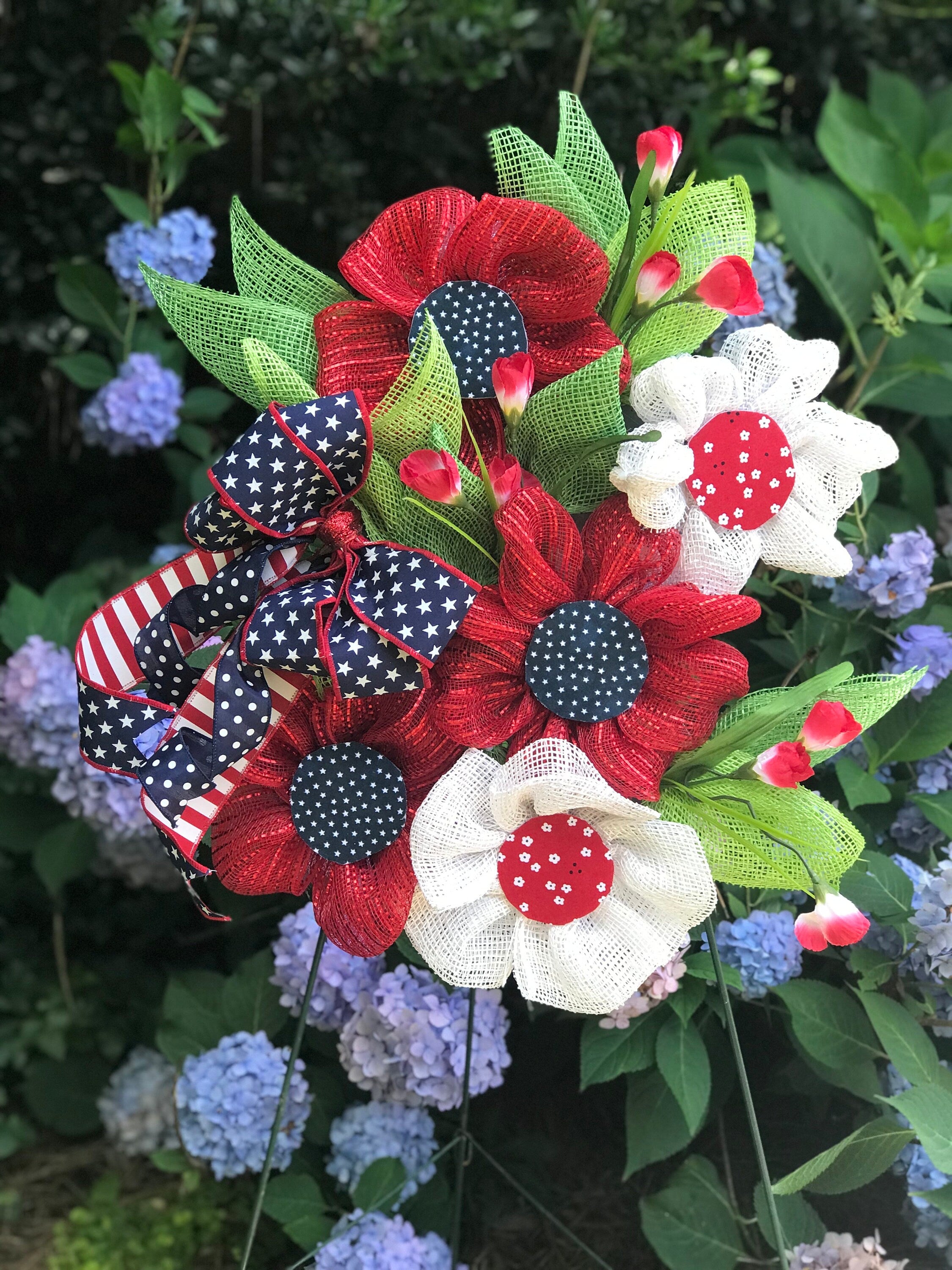 Patriotic Wreath, Flower Design, Red White & Blue with Ribbon Bow