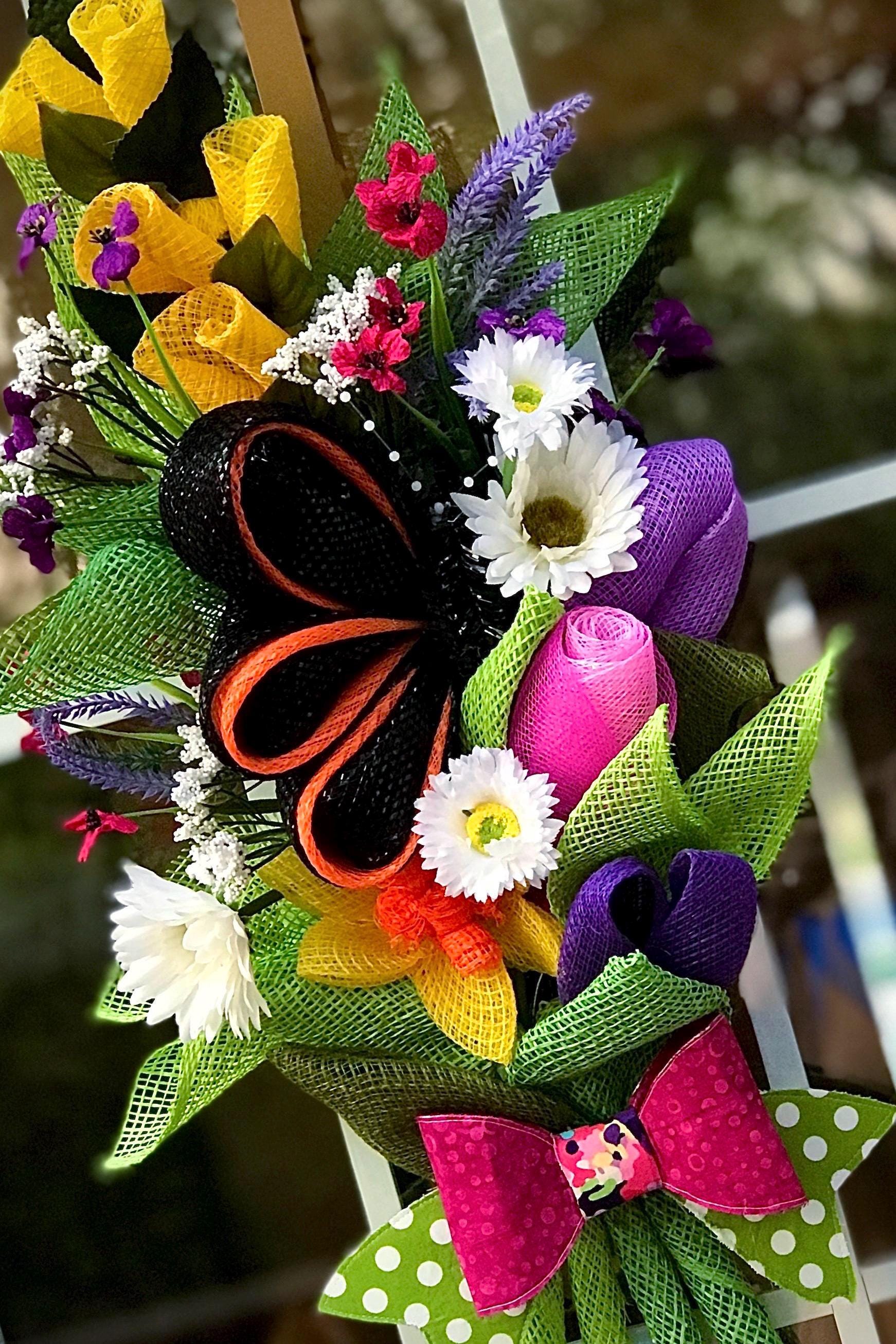 Floral Bouquet Wreath with Butterfly, Mesh Floral Design, Front Door Decor