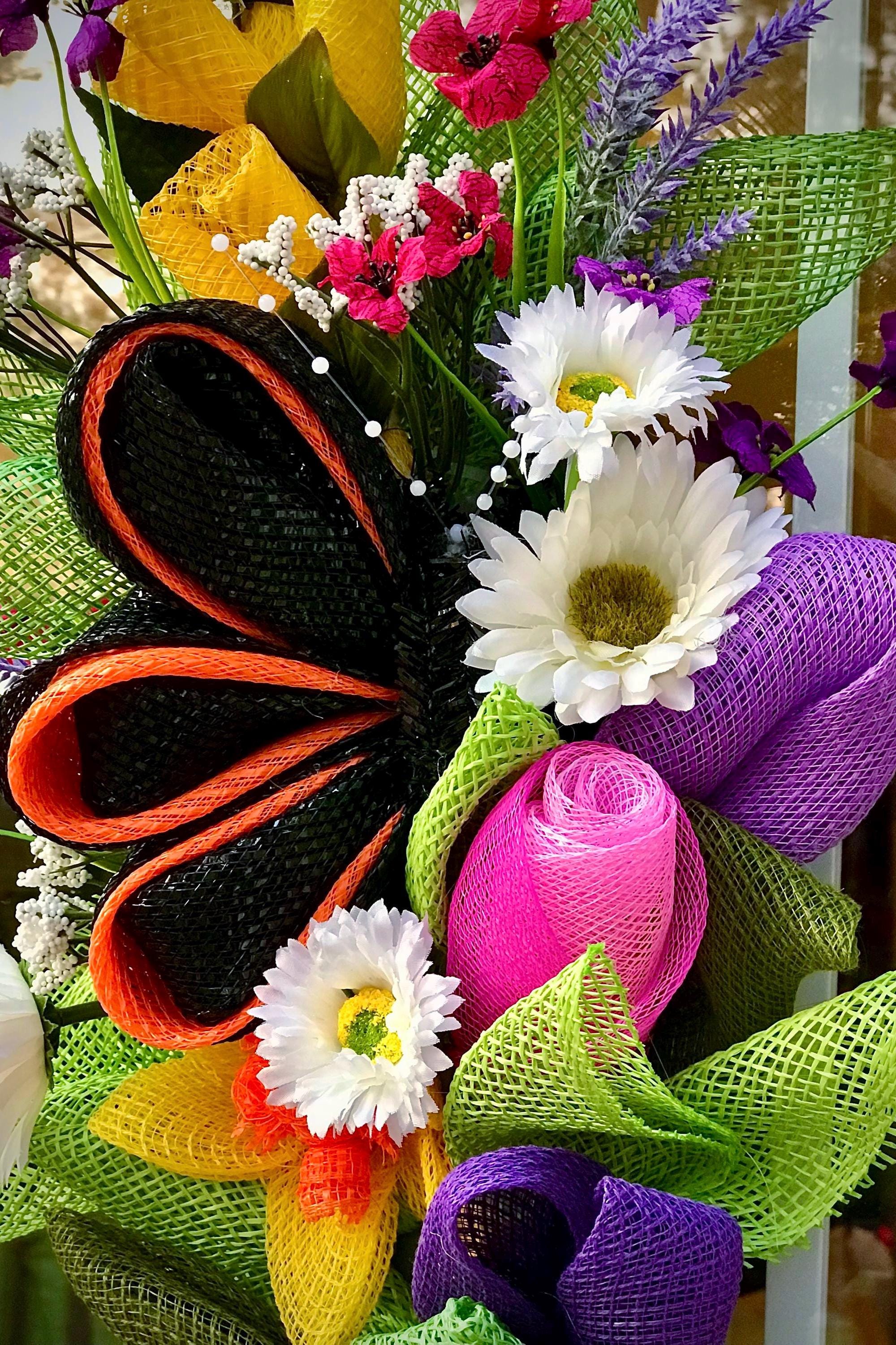 Floral Bouquet Wreath with Butterfly, Mesh Floral Design, Front Door Decor