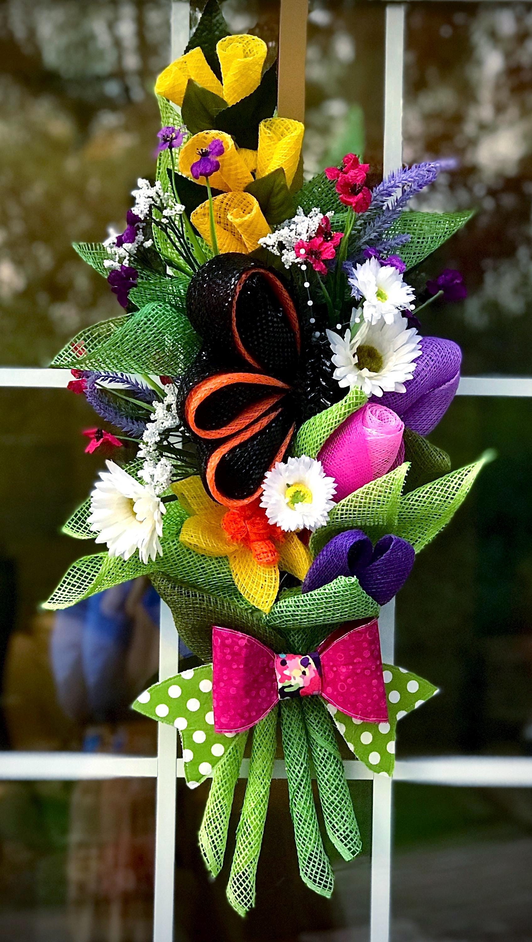Floral Bouquet Wreath with Butterfly, Mesh Floral Design, Front Door Decor