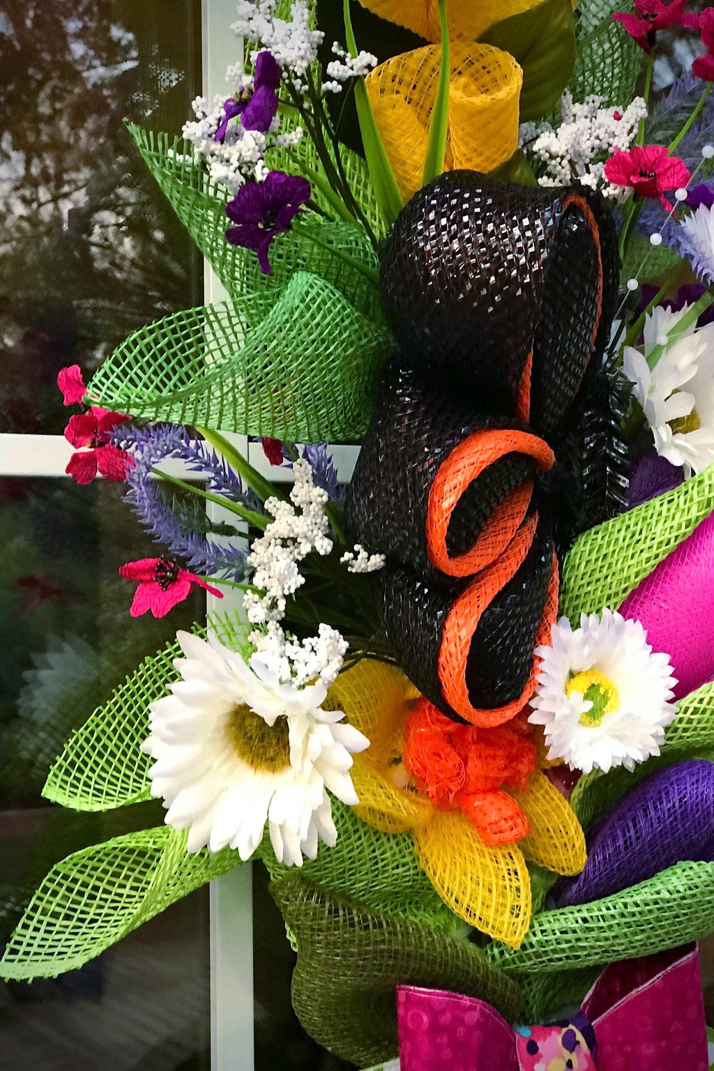 Floral Bouquet Wreath with Butterfly, Mesh Floral Design, Front Door Decor