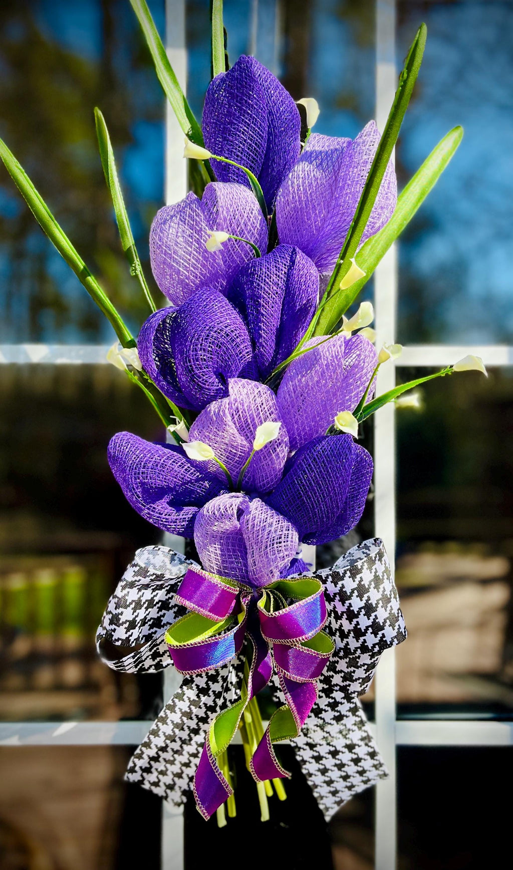 Purple Tulip Bouquet Wreath, Ribbon Bow, Spring Door Decor
