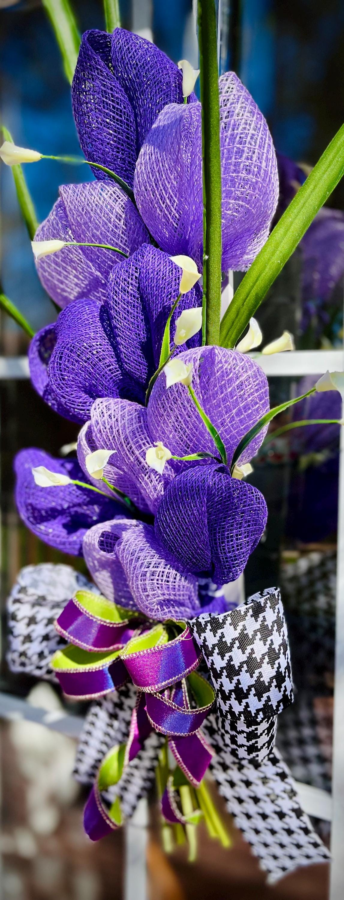 Purple Tulip Bouquet Wreath, Ribbon Bow, Spring Door Decor