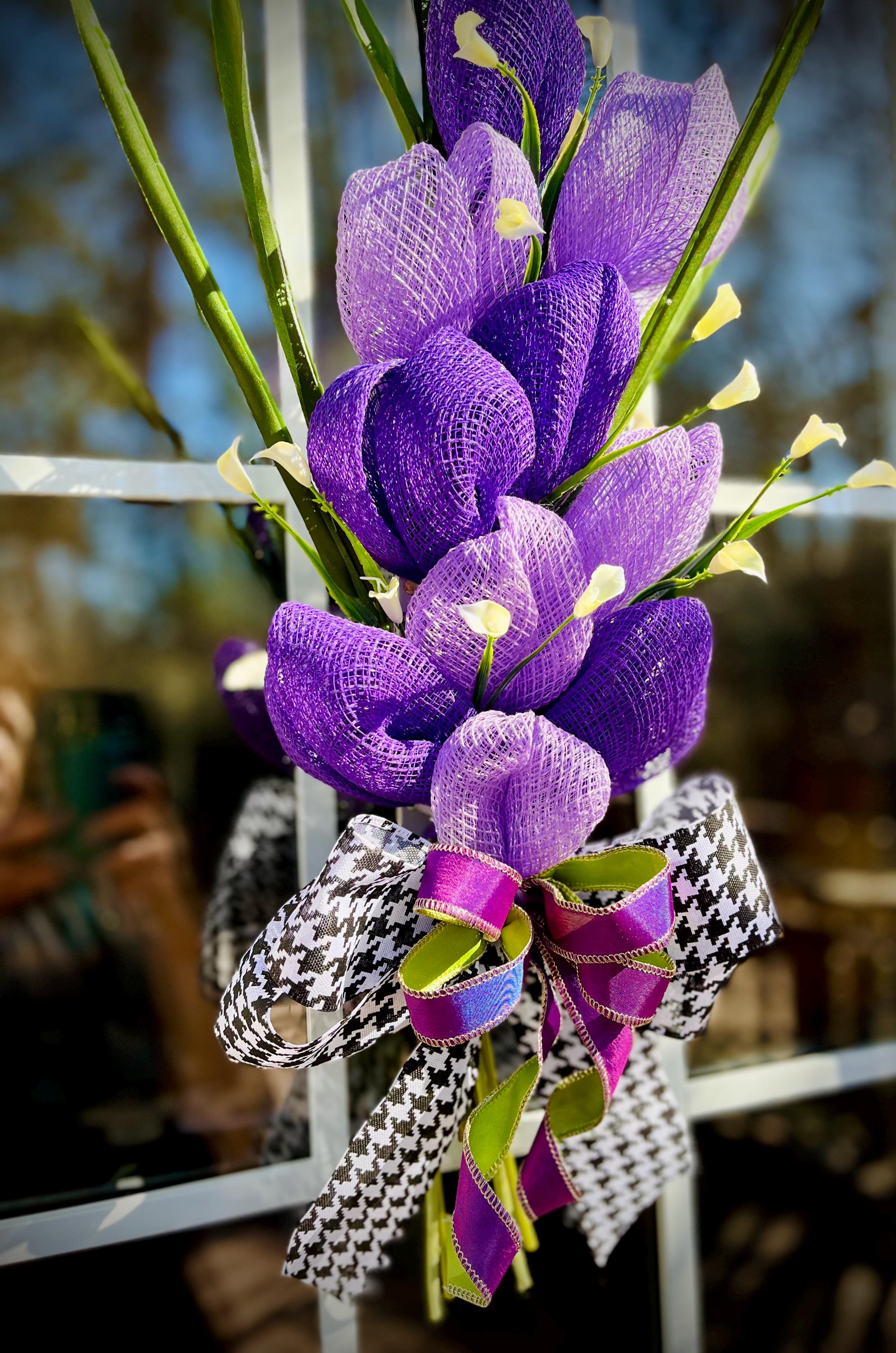 Purple Tulip Bouquet Wreath, Ribbon Bow, Spring Door Decor