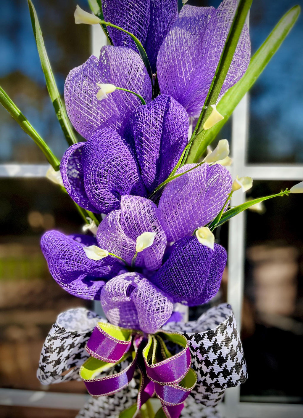 Purple Tulip Bouquet Wreath, Ribbon Bow, Spring Door Decor
