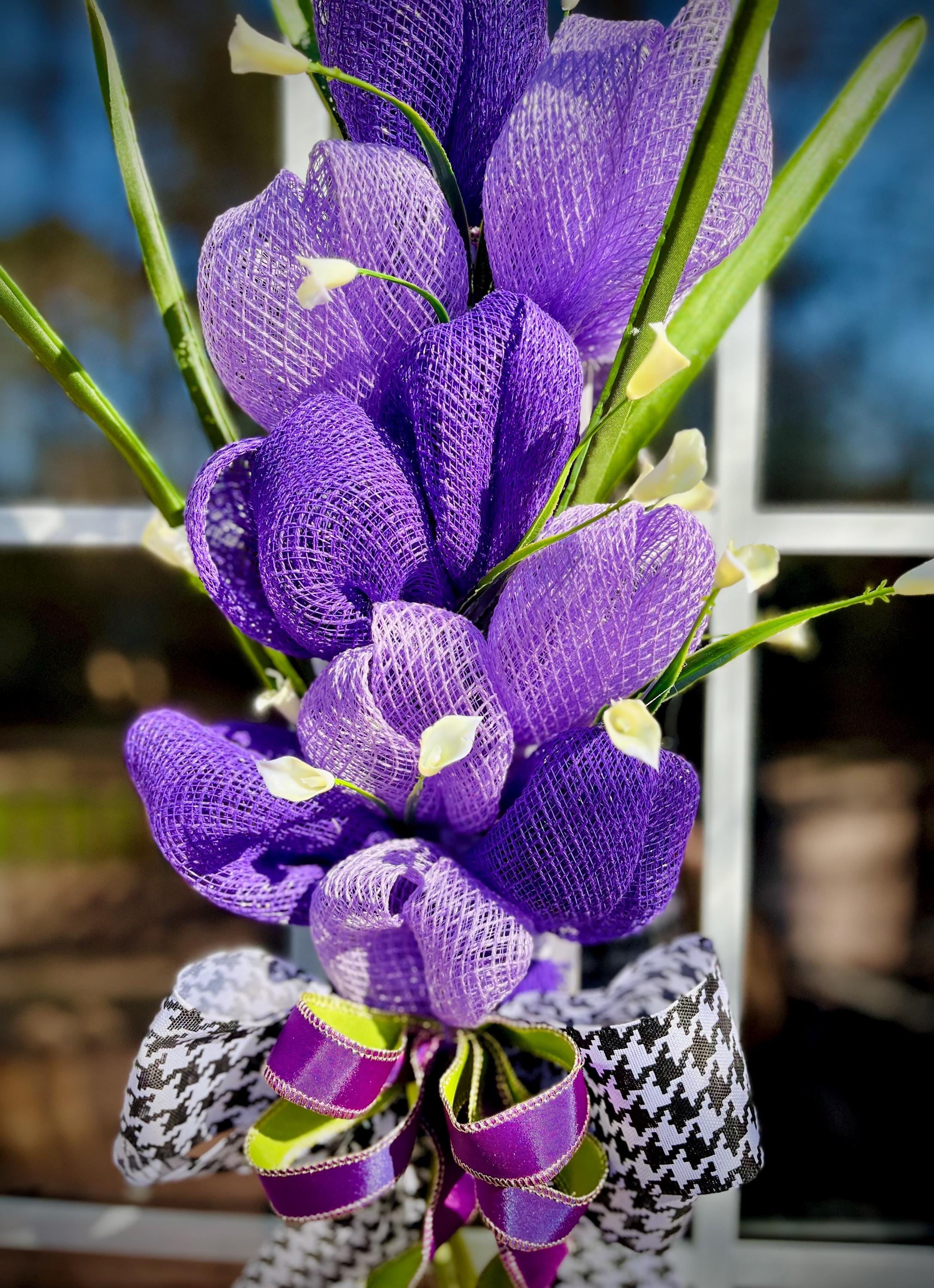 Purple Tulip Bouquet Wreath, Ribbon Bow, Spring Door Decor