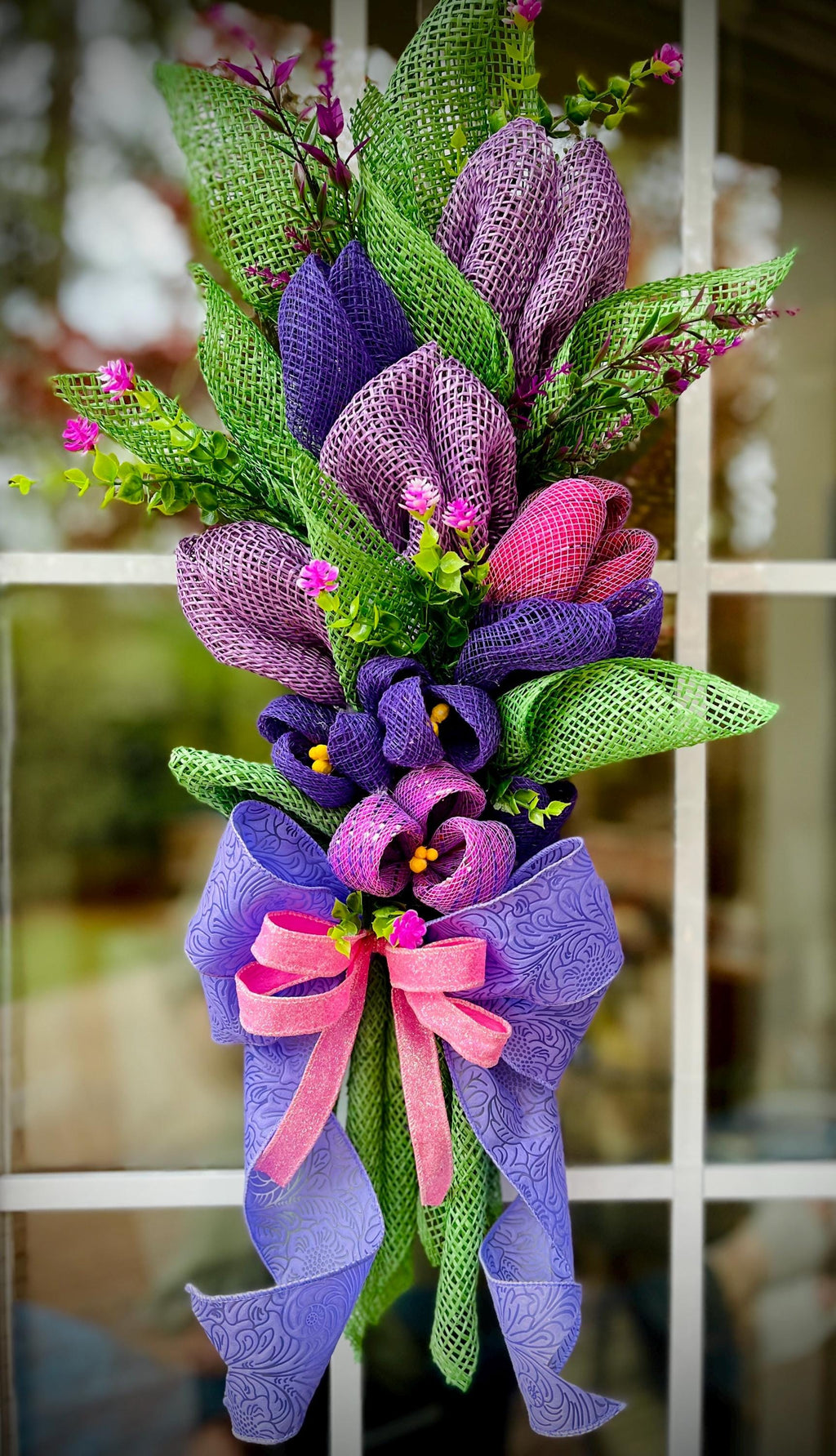 Flower Bouquet Wreath, Tulips, Purple Floral Door Decor, Mother’s Day