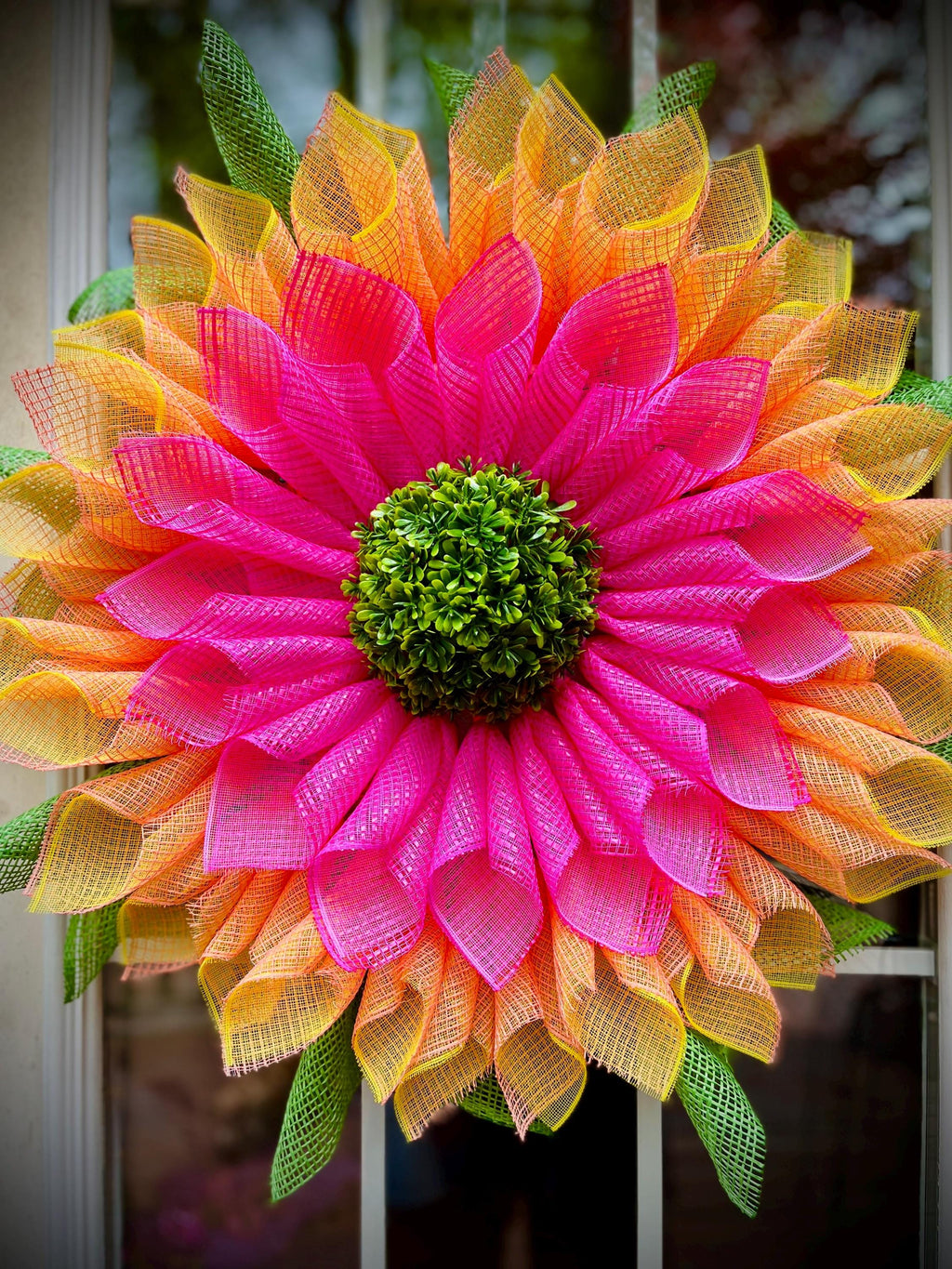Large Pink & Yellow Flower Wreath with Boxwood Center