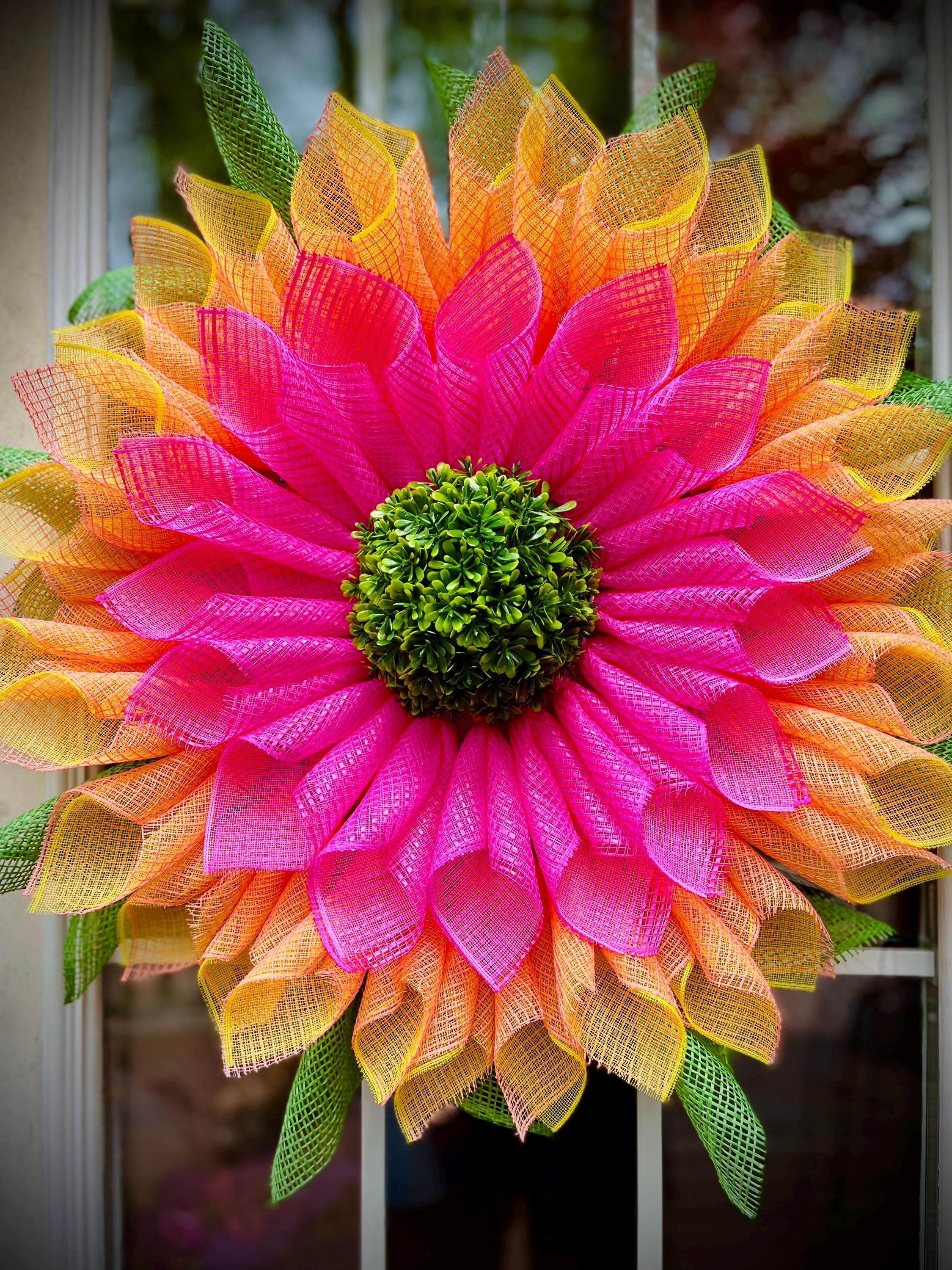 Large Pink & Yellow Flower Wreath with Boxwood Center