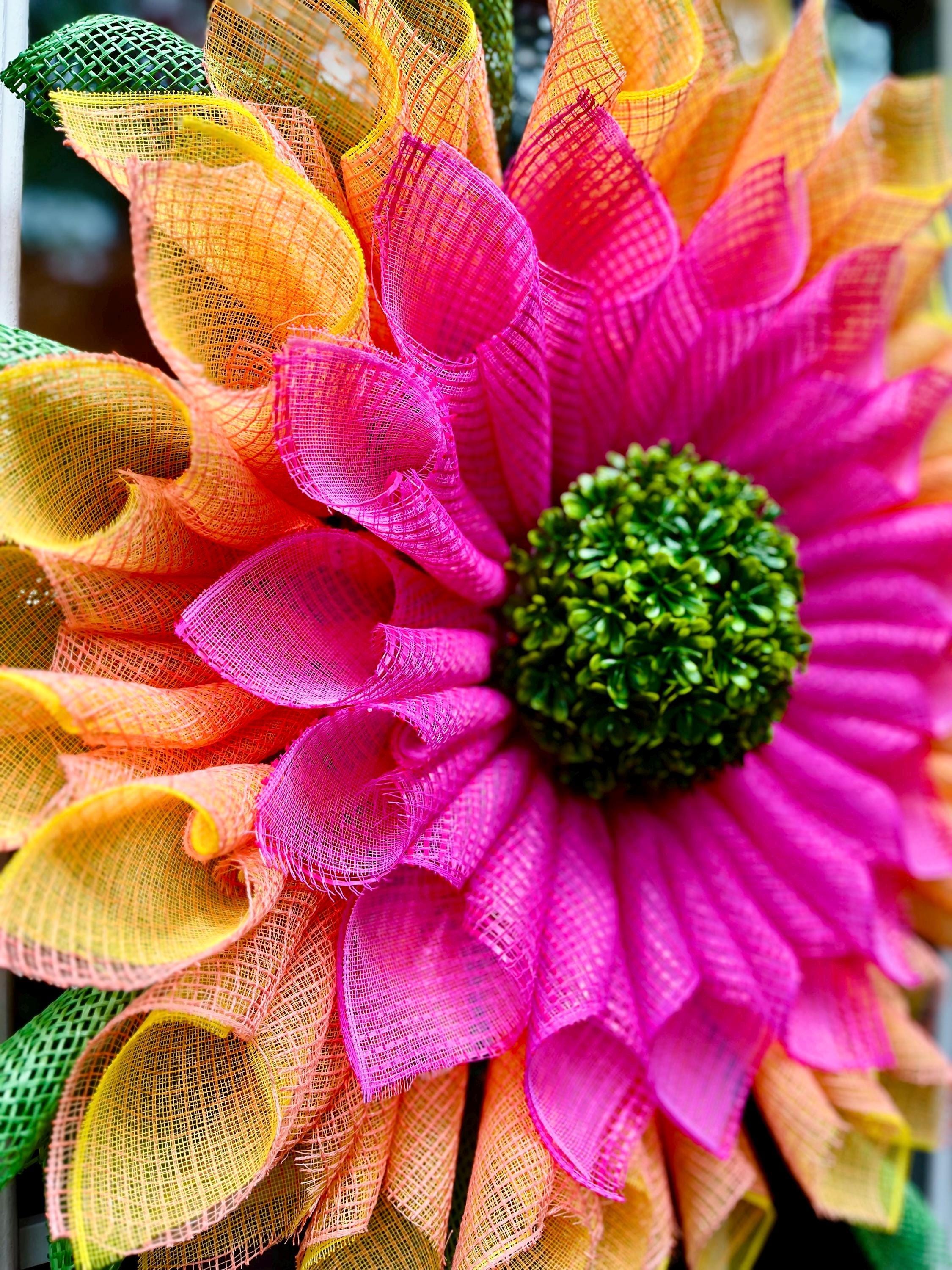 Large Pink & Yellow Flower Wreath with Boxwood Center