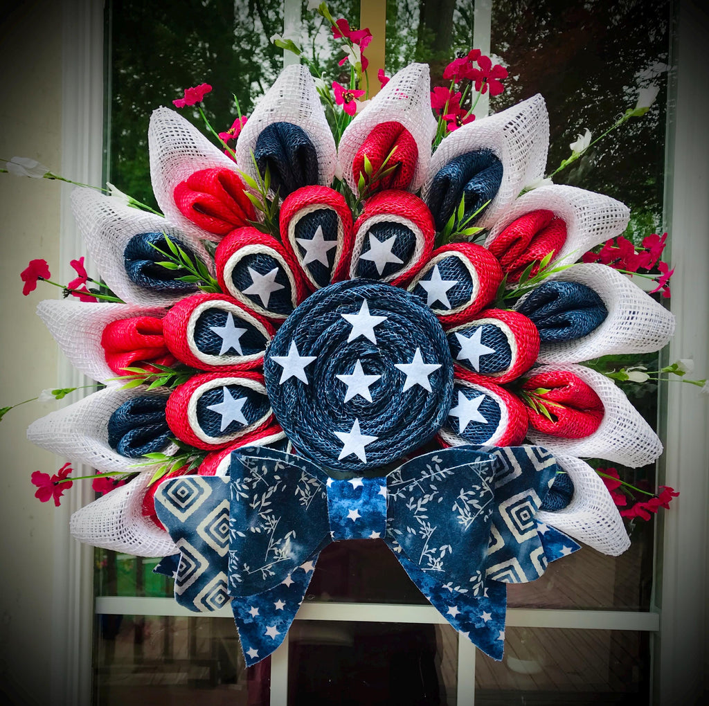 Patriotic Flower-Style Wreath with Bow, Patriotic Front Door Decor, Memorial Day,  4th of July, Veterans,  Contemporary Patriotic Wreath