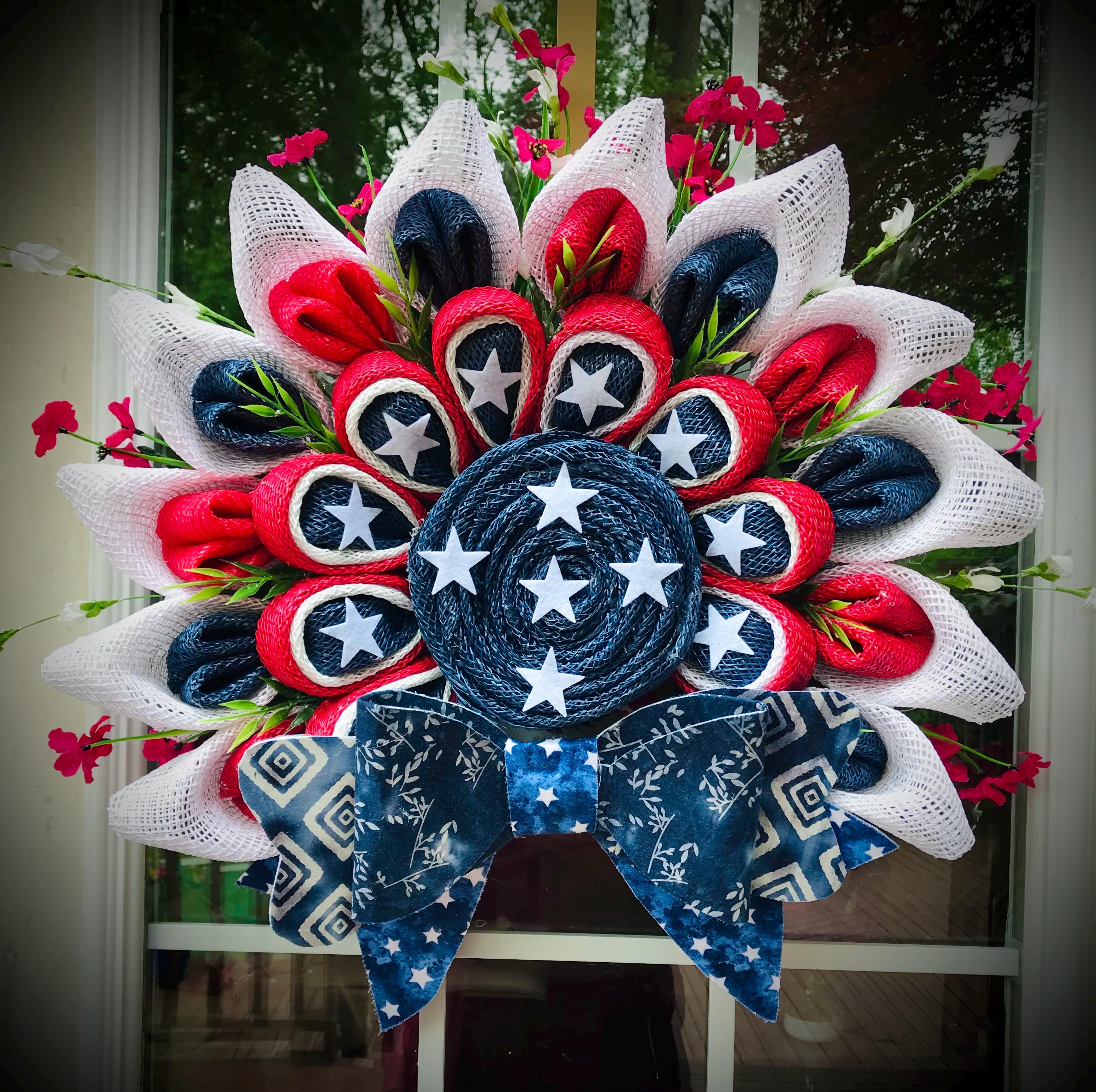 Patriotic Flower-Style Wreath with Bow, Patriotic Front Door Decor, Memorial Day,  4th of July, Veterans,  Contemporary Patriotic Wreath