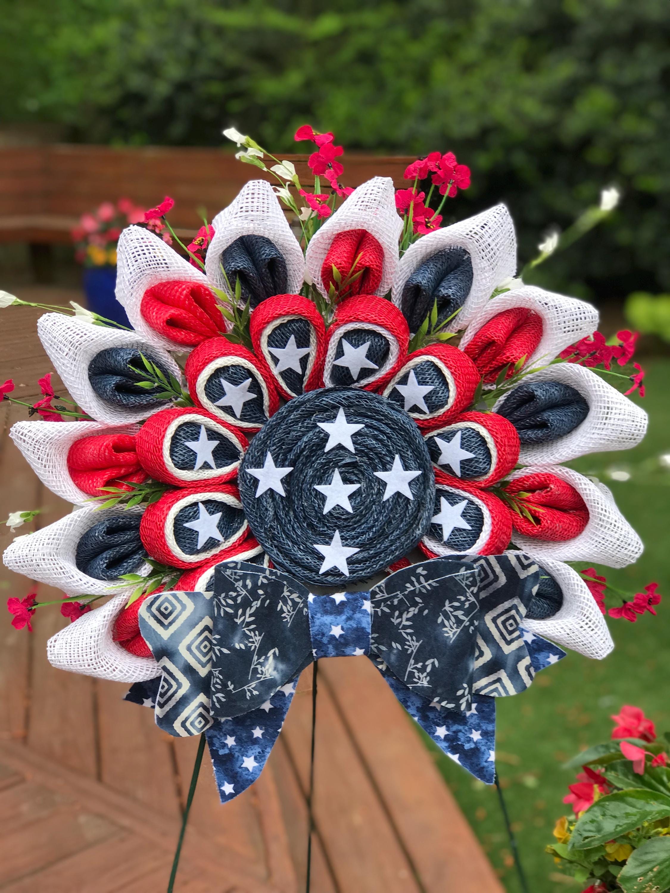 Patriotic Flower-Style Wreath with Bow, Patriotic Front Door Decor, Memorial Day,  4th of July, Veterans,  Contemporary Patriotic Wreath
