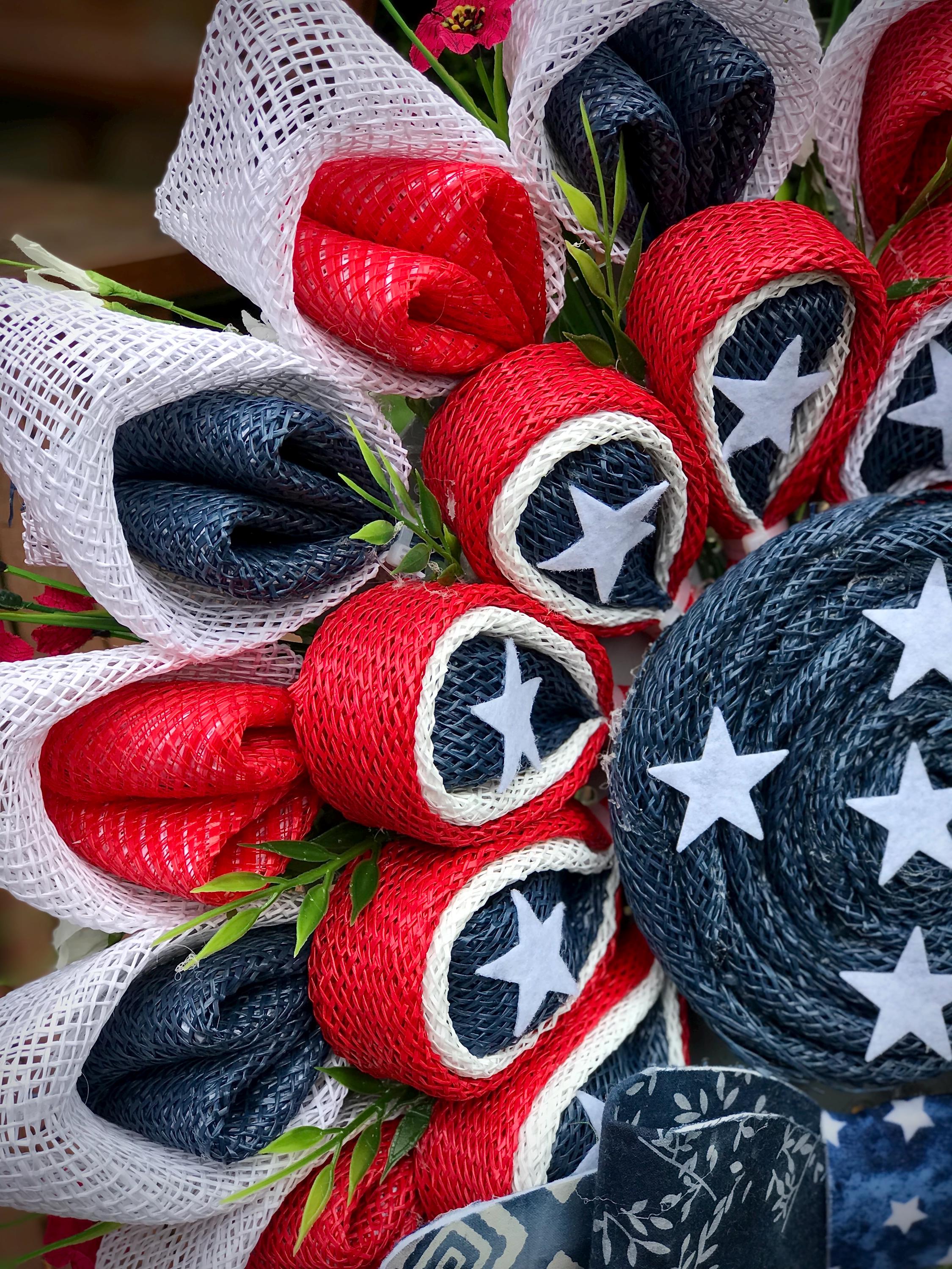 Patriotic Flower-Style Wreath with Bow, Patriotic Front Door Decor, Memorial Day,  4th of July, Veterans,  Contemporary Patriotic Wreath