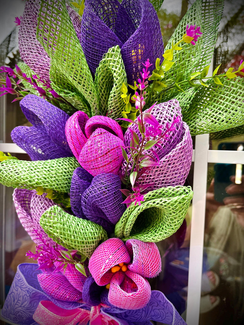 Flower Bouquet Wreath, Tulips, Purple Floral Door Decor, Mother’s Day