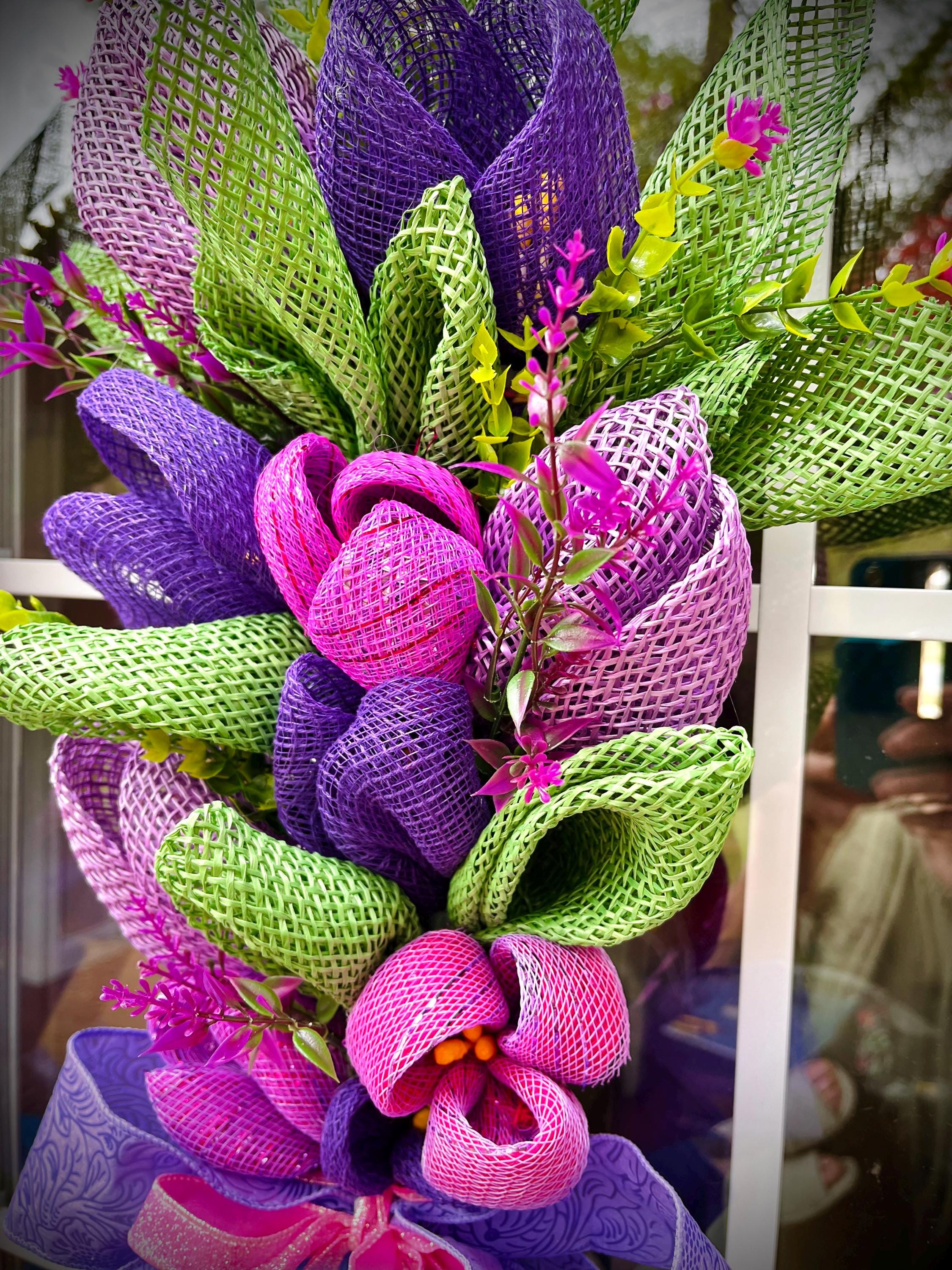 Flower Bouquet Wreath, Tulips, Purple Floral Door Decor, Mother’s Day
