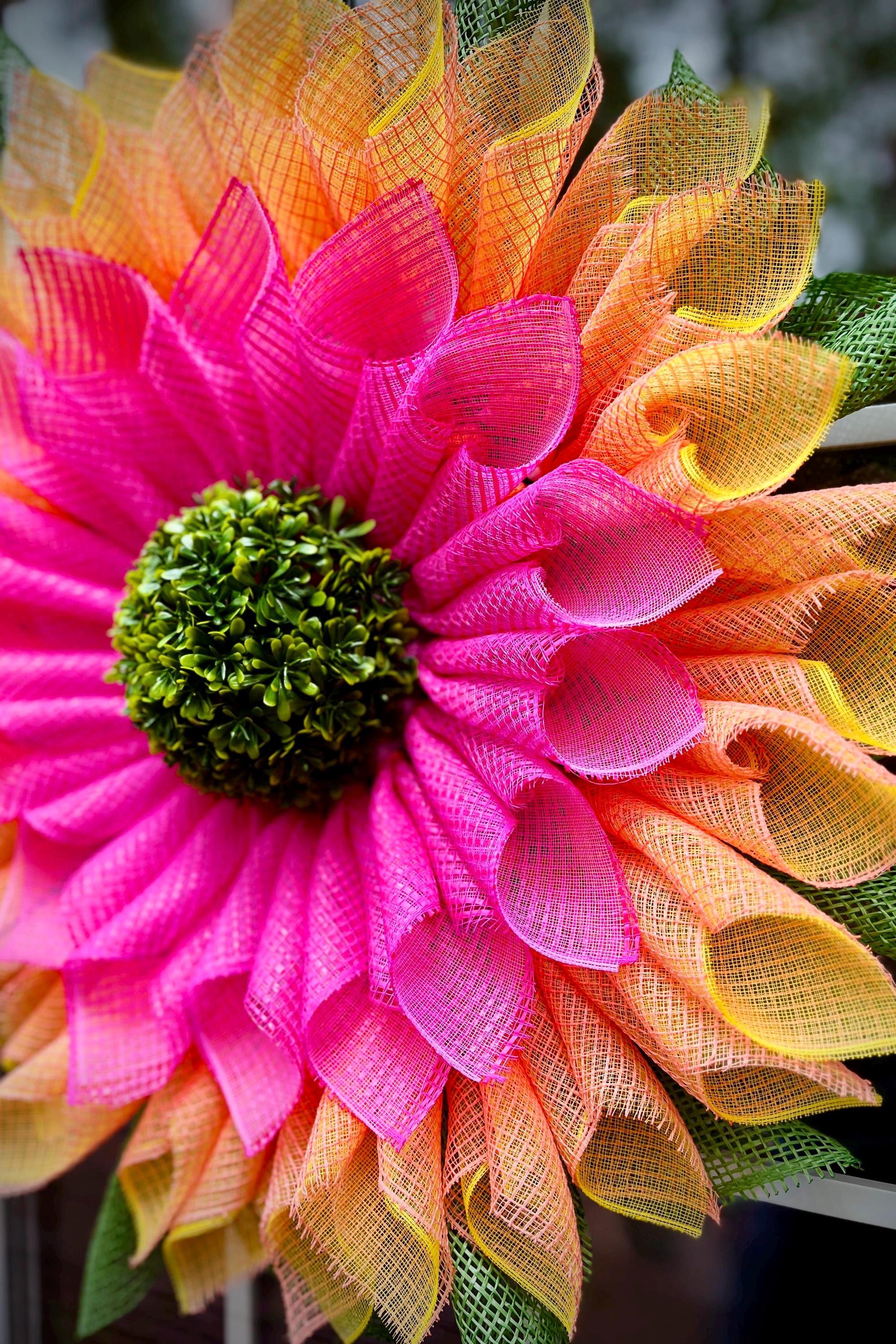 Large Pink & Yellow Flower Wreath with Boxwood Center