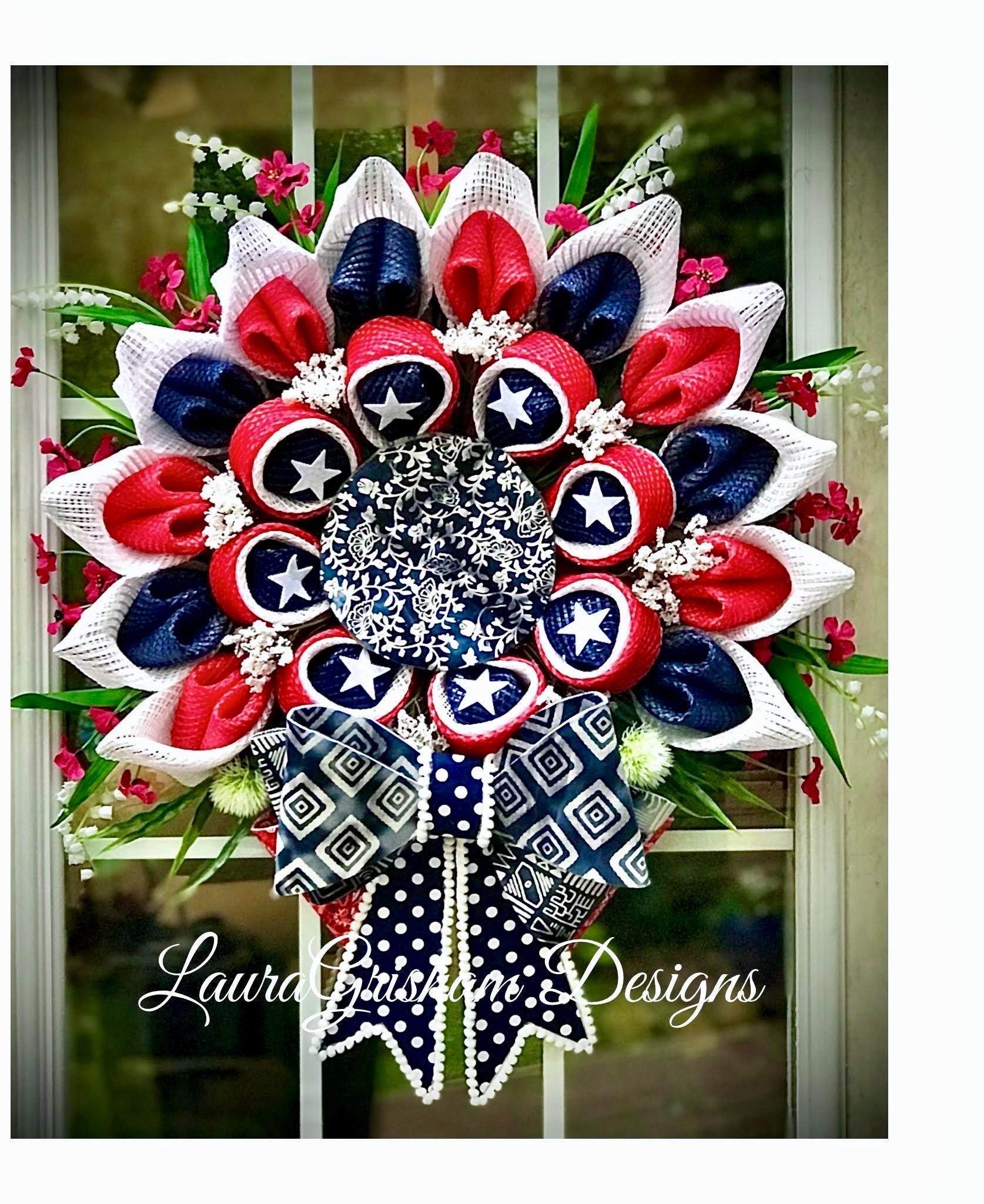 Patriotic Flower-Style Wreath with Bow, Patriotic Front Door Decor, Memorial Day,  4th of July, Veterans,  Contemporary Patriotic Wreath