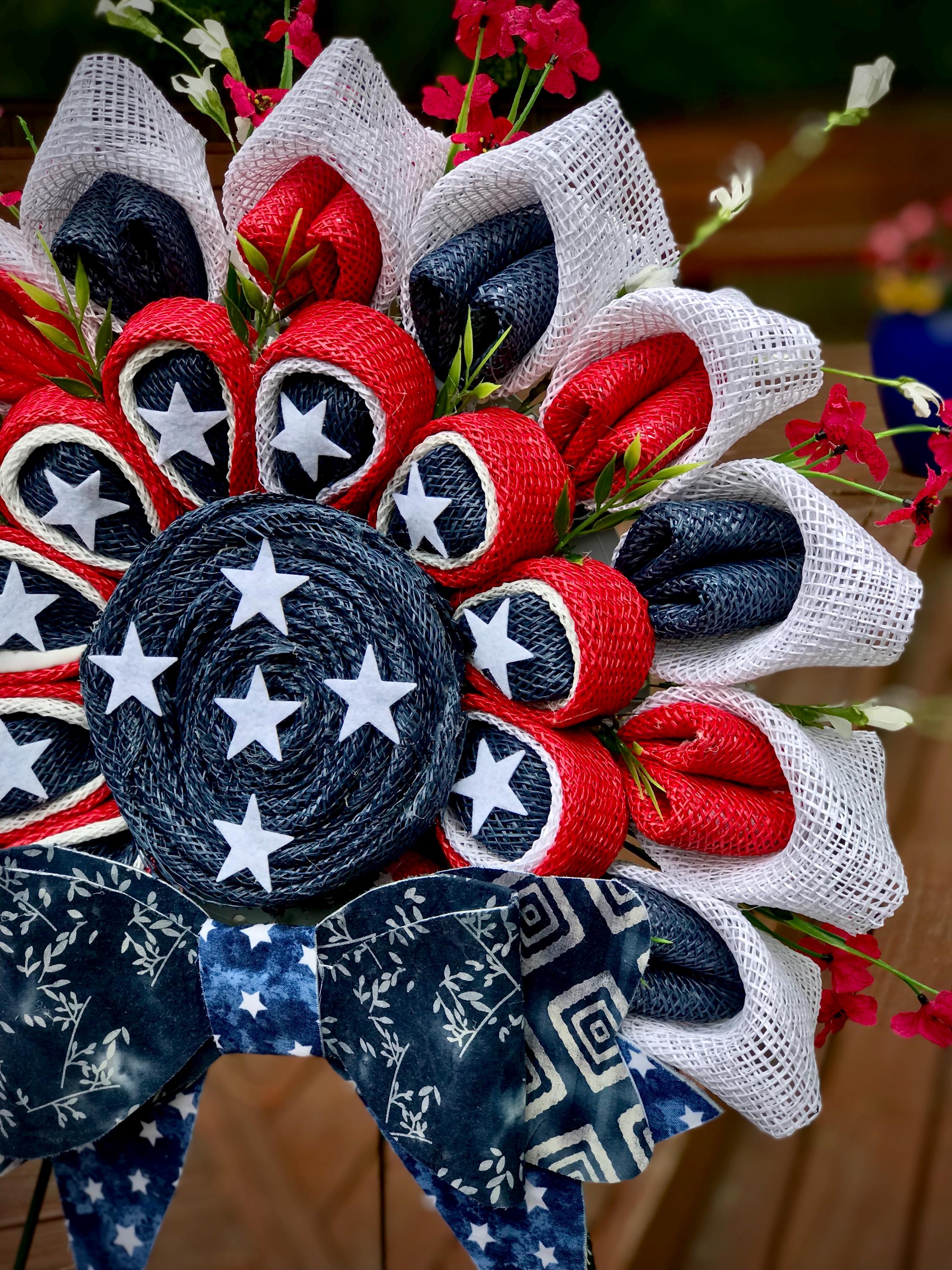 Patriotic Flower-Style Wreath with Bow, Patriotic Front Door Decor, Memorial Day,  4th of July, Veterans,  Contemporary Patriotic Wreath