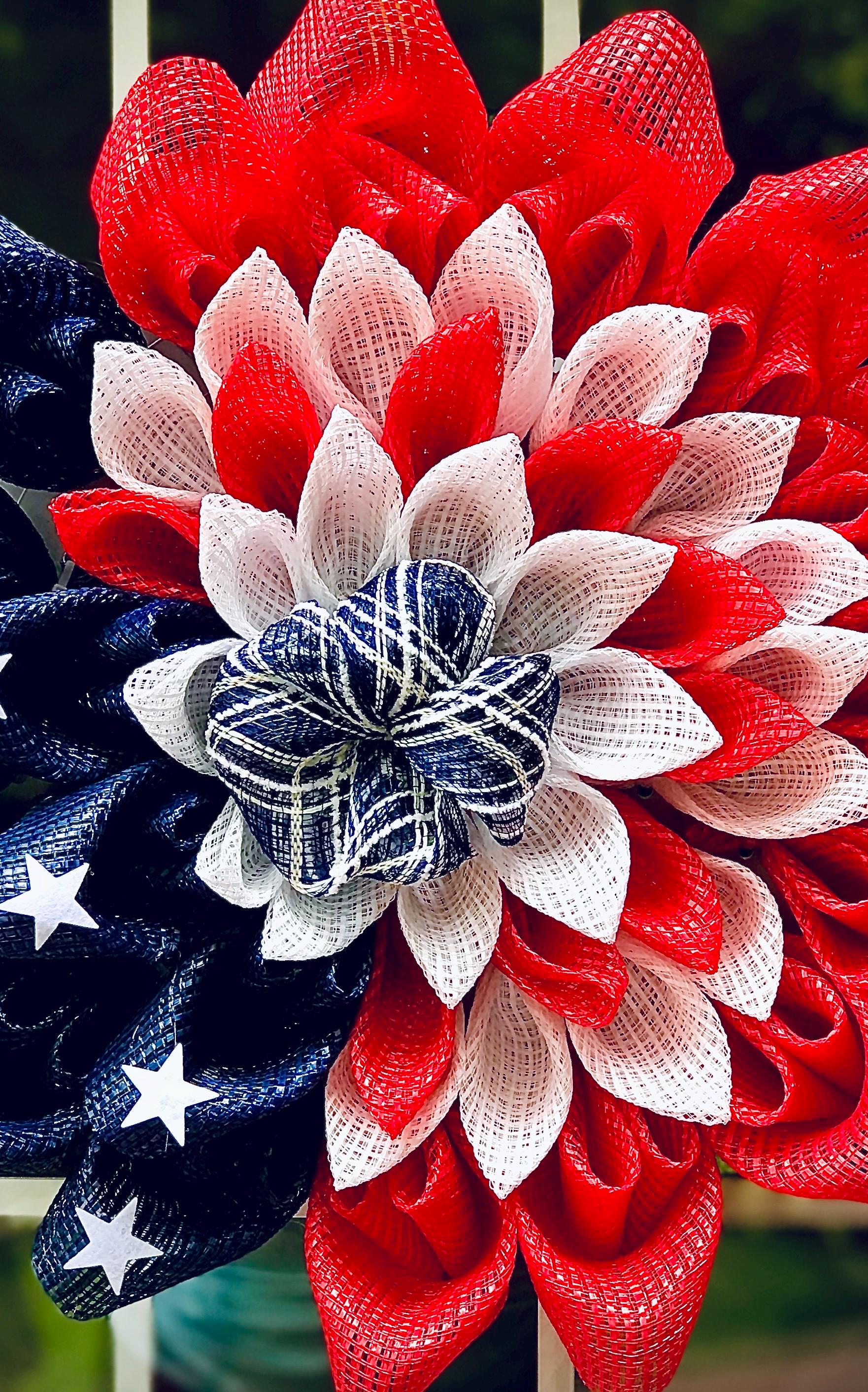 Patriotic Mesh Flower Wreath, Red White Blue, 4th of July Decor