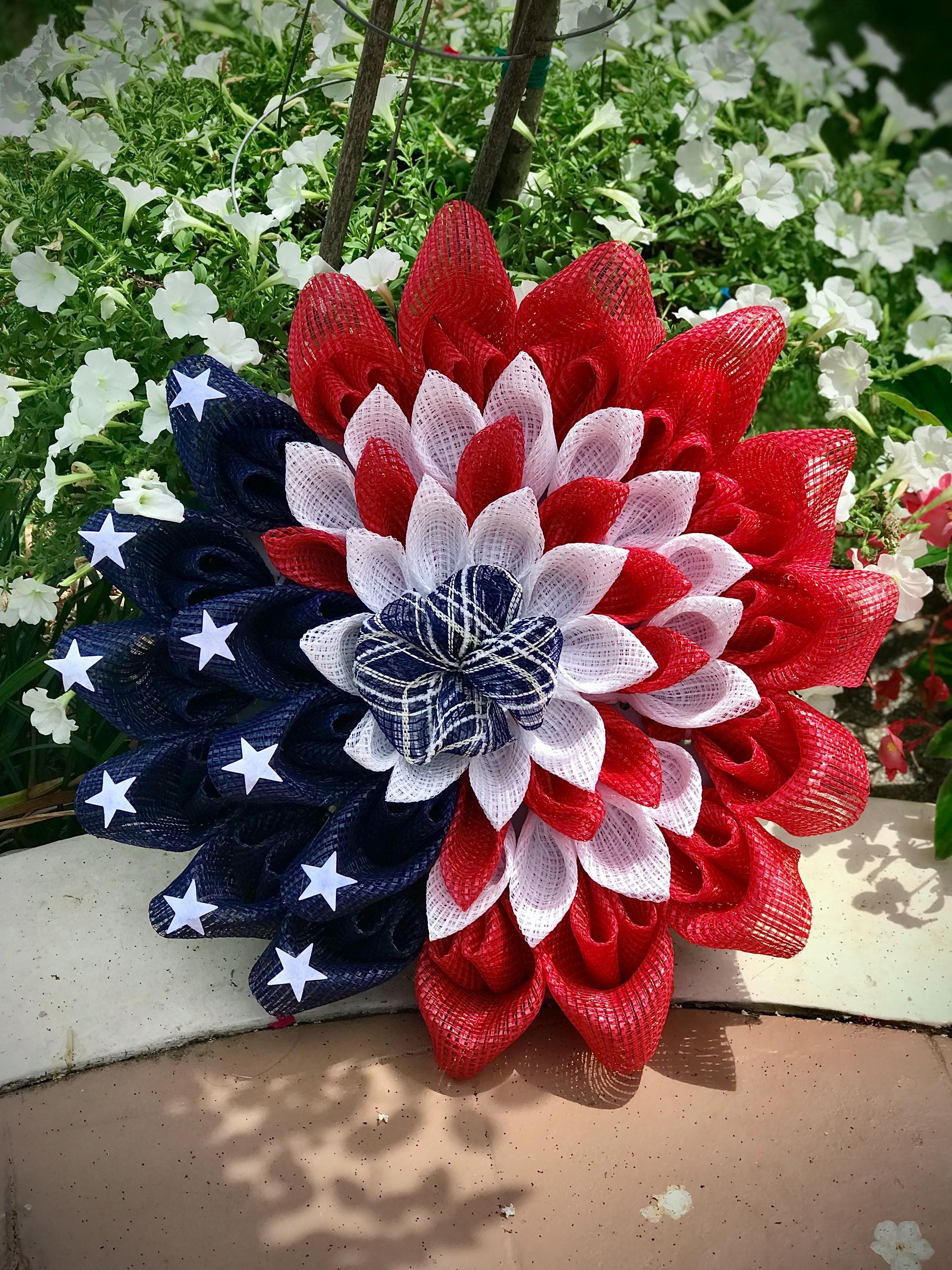 Patriotic Mesh Flower Wreath, Red White Blue, 4th of July Decor