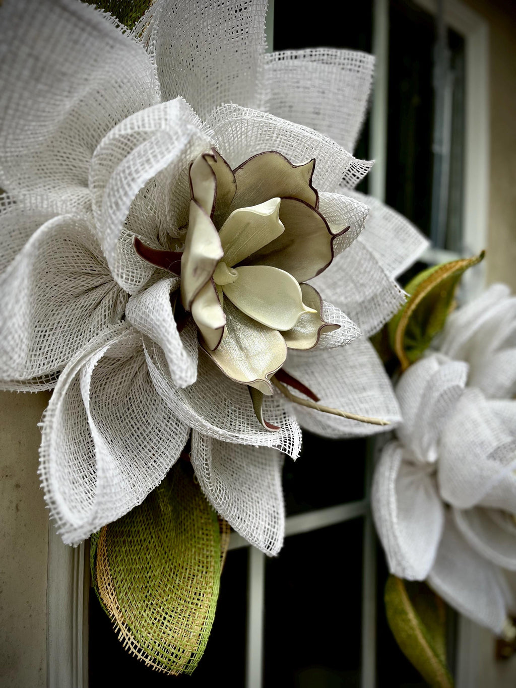 Magnolia Flower Wreath: Elegant Poly Burlap Bloom, Wedding Decor, Holiday Wreath
