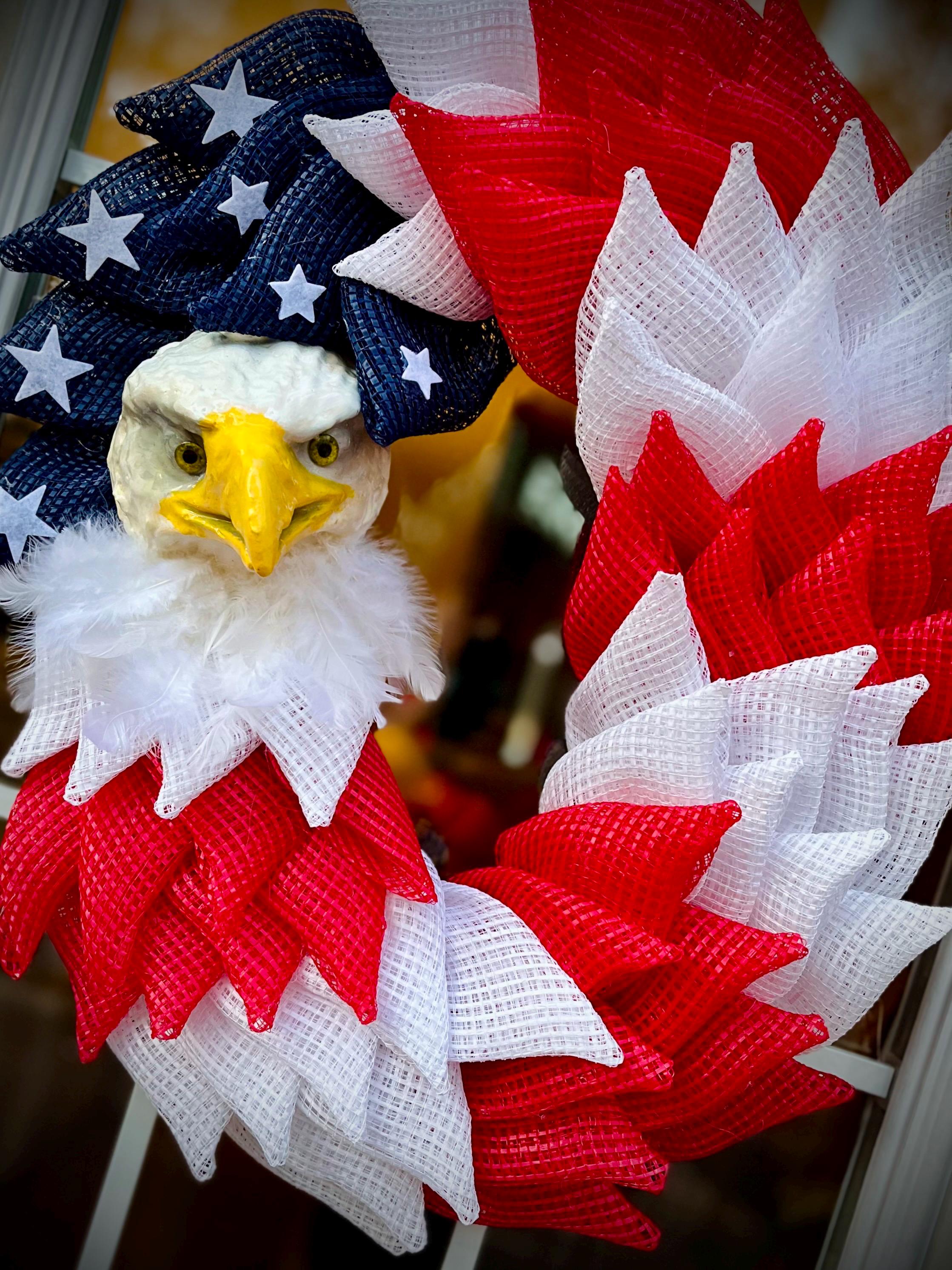 Patriotic Oval Wreath, Lifelike Eagle Head Attachment or Ribbon Bow,  Memorial Day