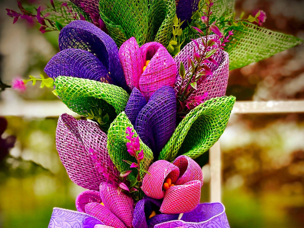 Flower Bouquet Wreath, Tulips, Purple Floral Door Decor, Mother’s Day