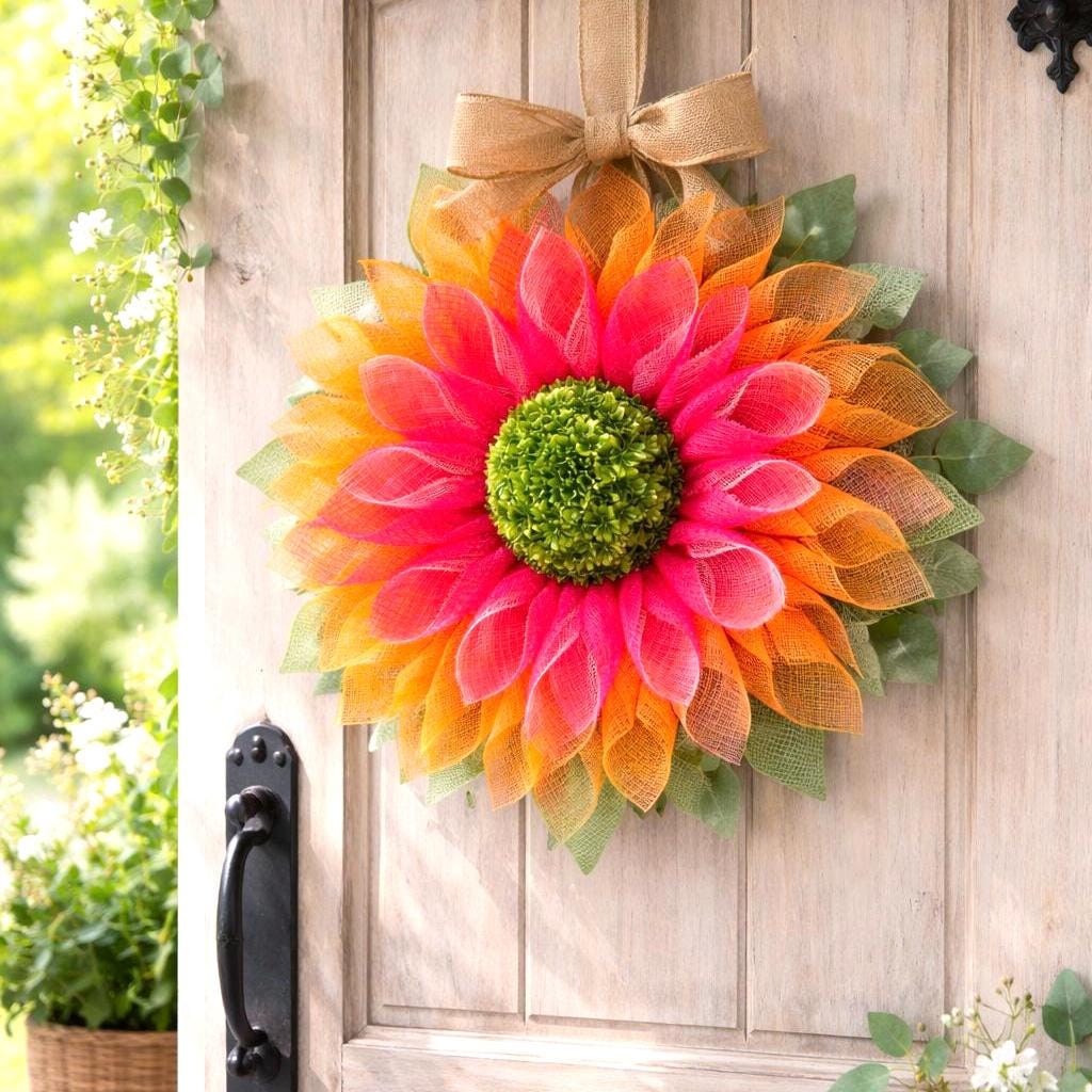 Large Pink & Yellow Flower Wreath with Boxwood Center