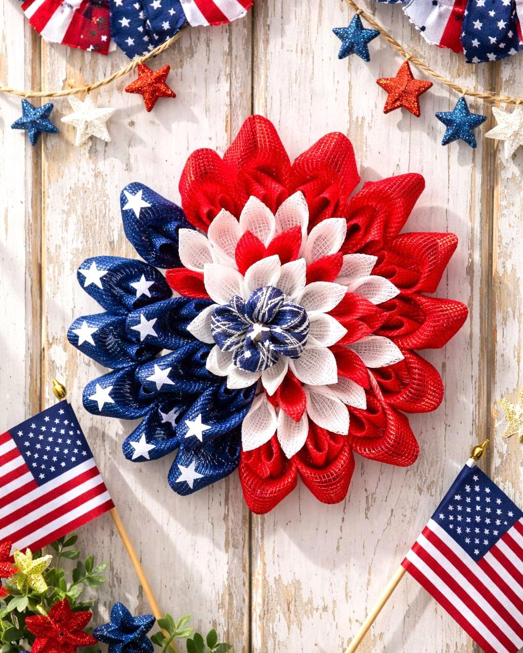 Patriotic Mesh Flower Wreath, Red White Blue, 4th of July Decor