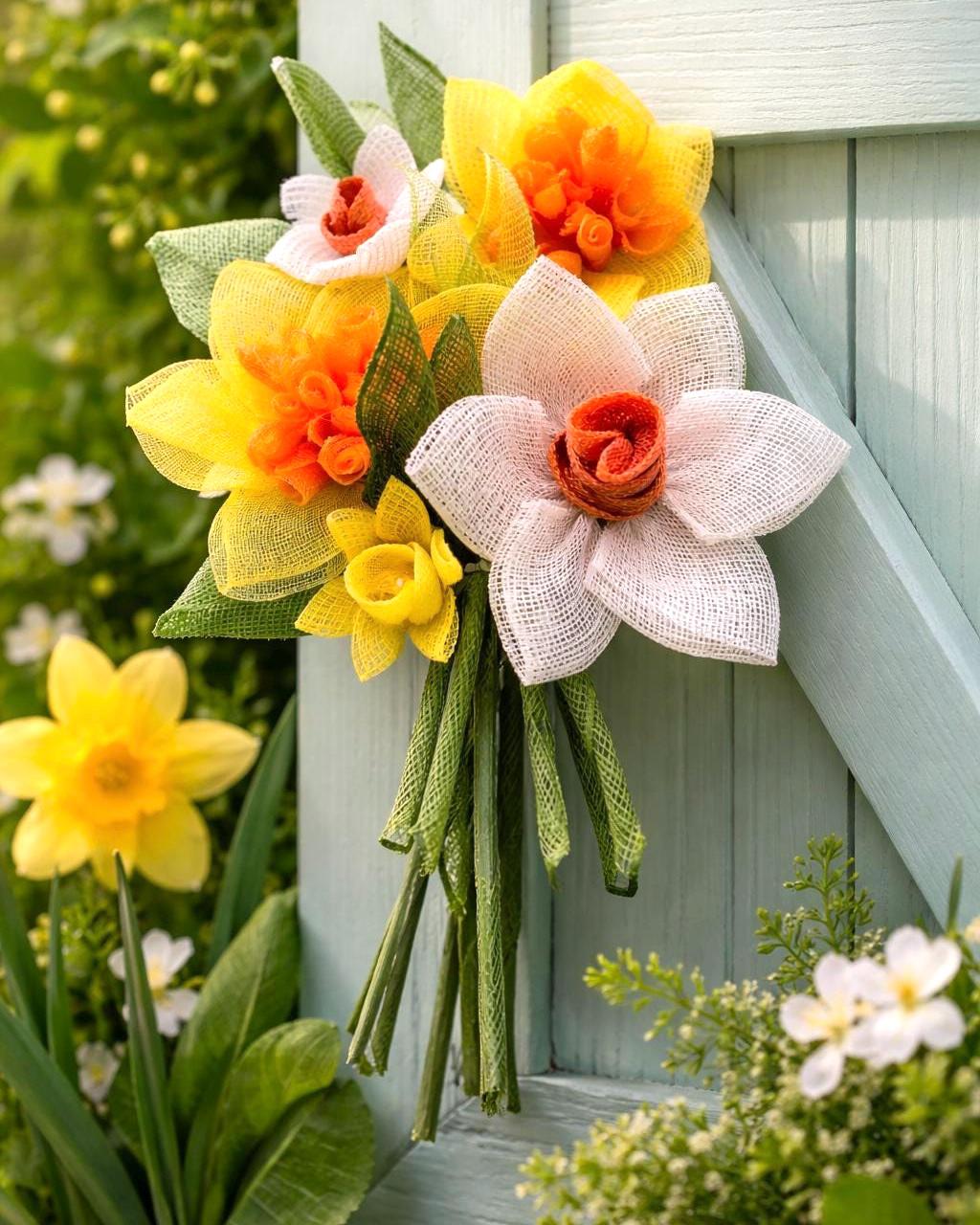 Floral Wreath, Daffodil Flowers, Yellow & White Blooms, All Occasion Door Decor