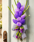 Purple Tulip Bouquet Wreath, Ribbon Bow, Spring Door Decor