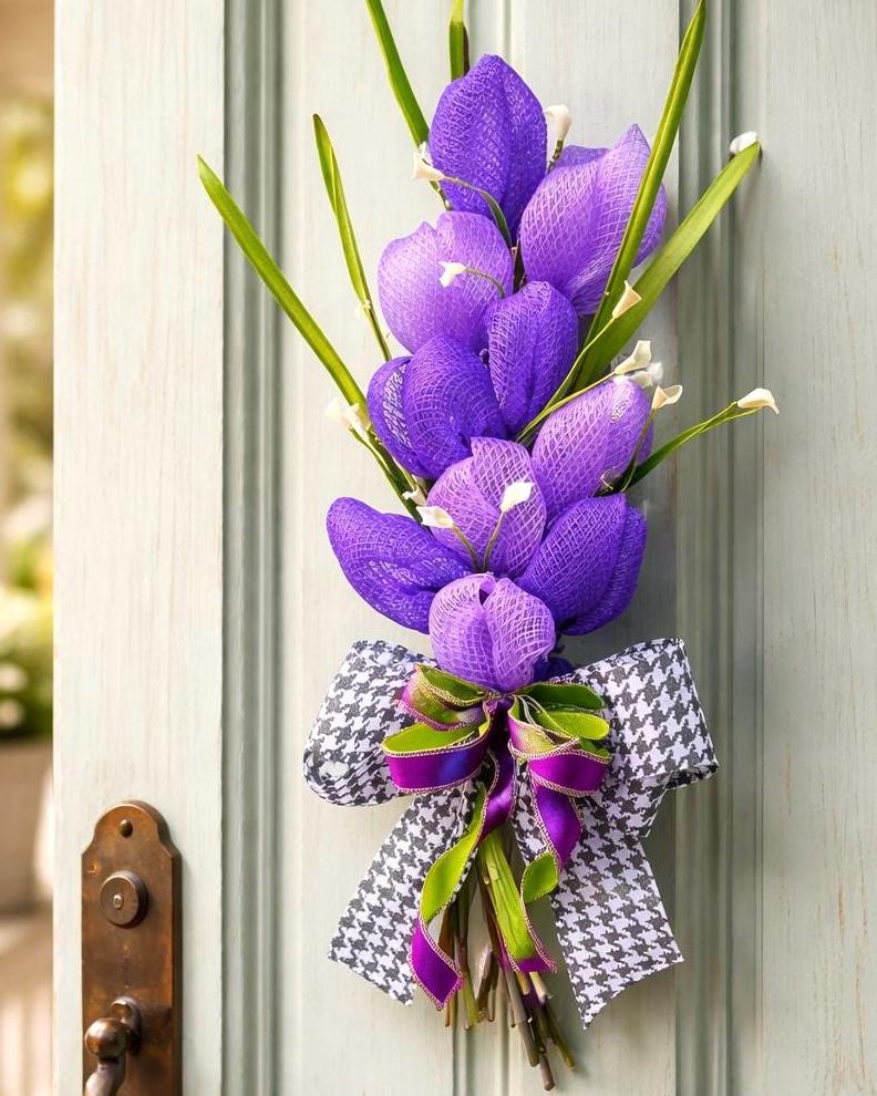 Purple Tulip Bouquet Wreath, Ribbon Bow, Spring Door Decor