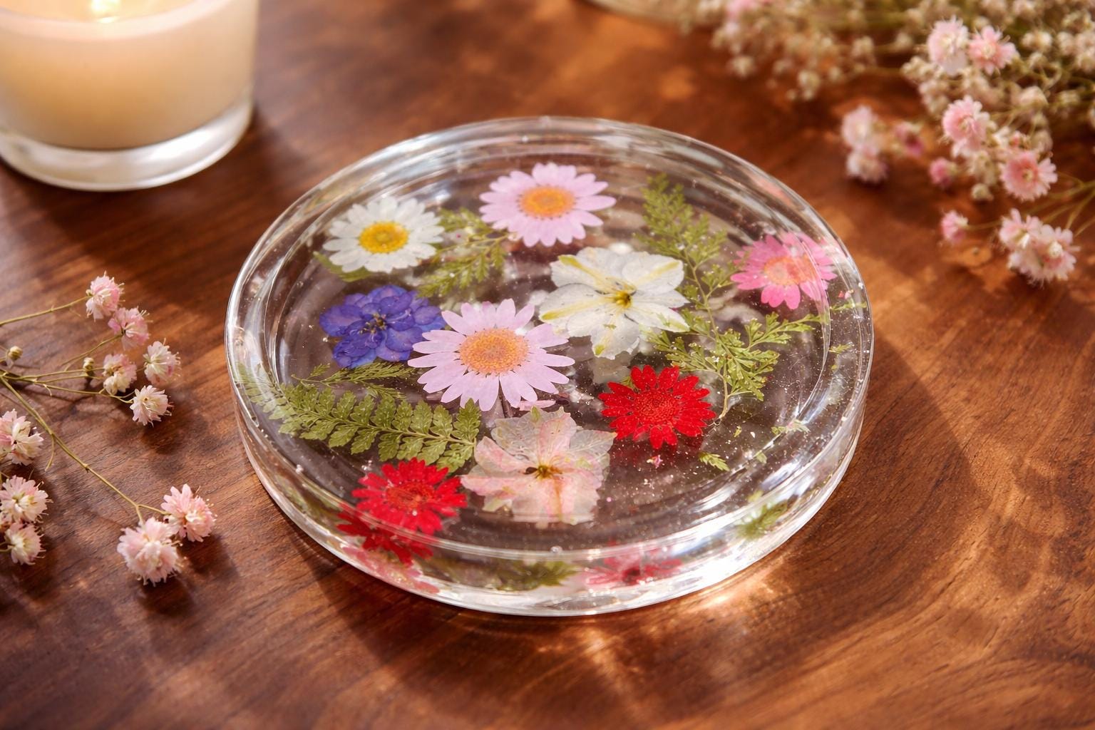 Resin Round Tray with Dried Flowers, Handcrafted