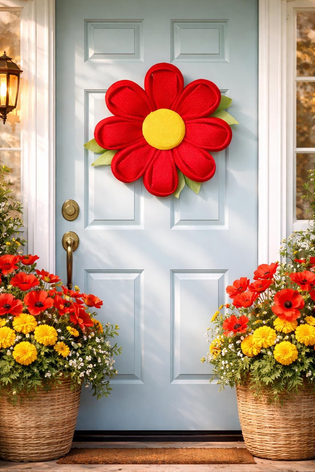 All Occasion Wreath, Daisy Flower in Polka Dot Pot, Unique Door Decor
