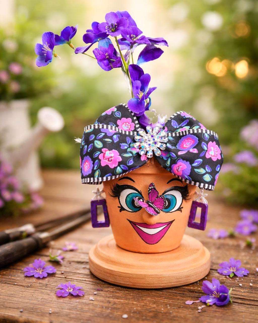 Hand-Painted Lady Face Terracotta Pot, Sassy Whimsical Garden Decor