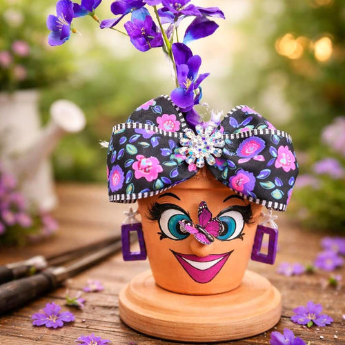 Hand-Painted Lady Face Terracotta Pot, Sassy Whimsical Garden Decor