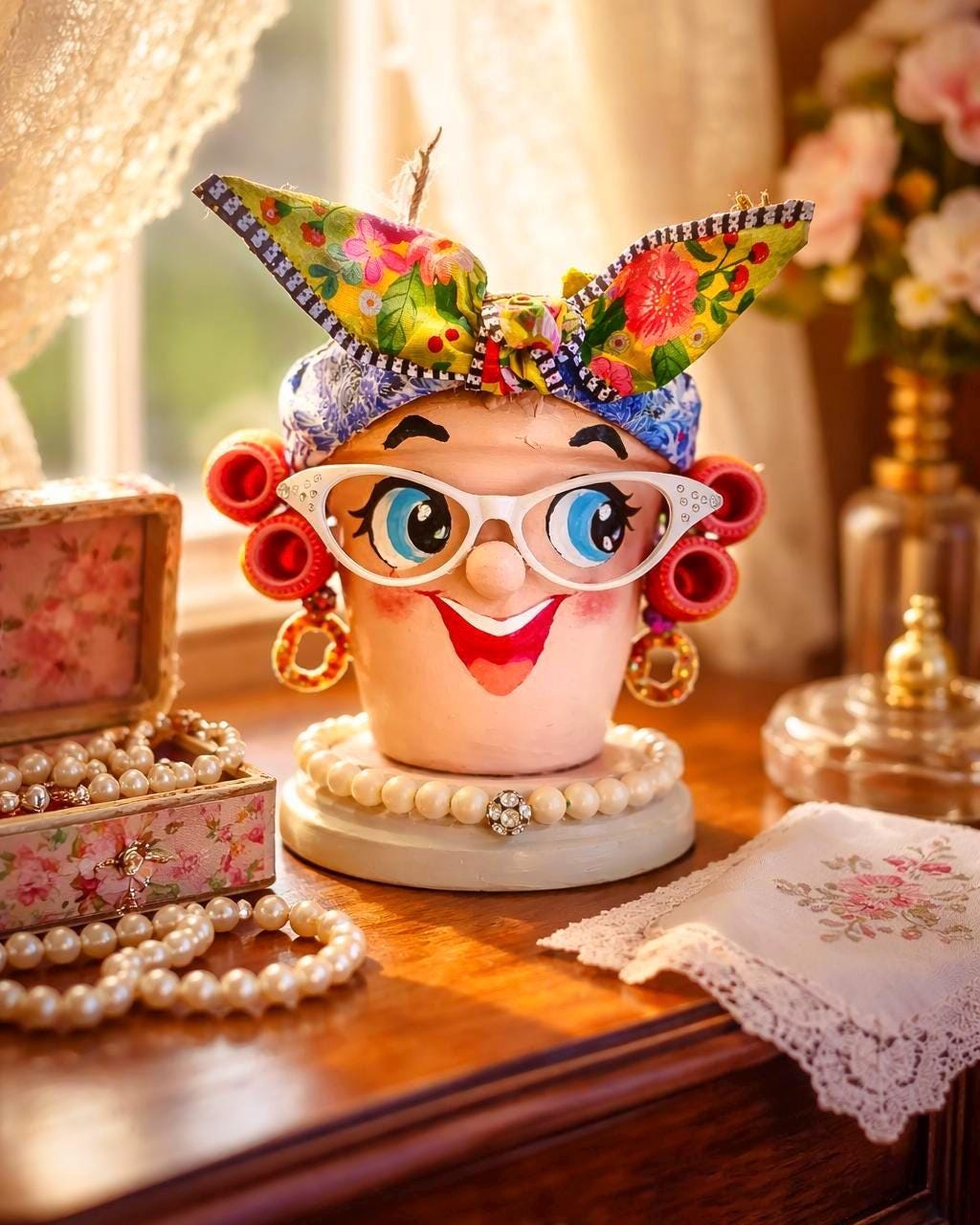 Hand-Painted Lady Face Terracotta Pot, Sassy Whimsical Garden Decor