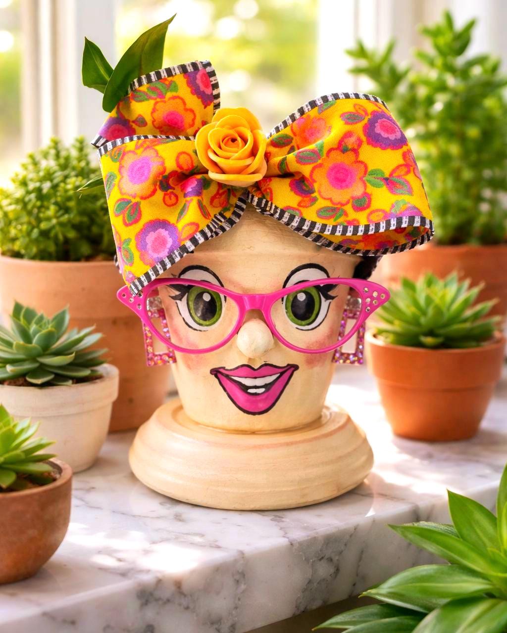 Hand-Painted Lady Face Terracotta Pot, Sassy Whimsical Garden Decor
