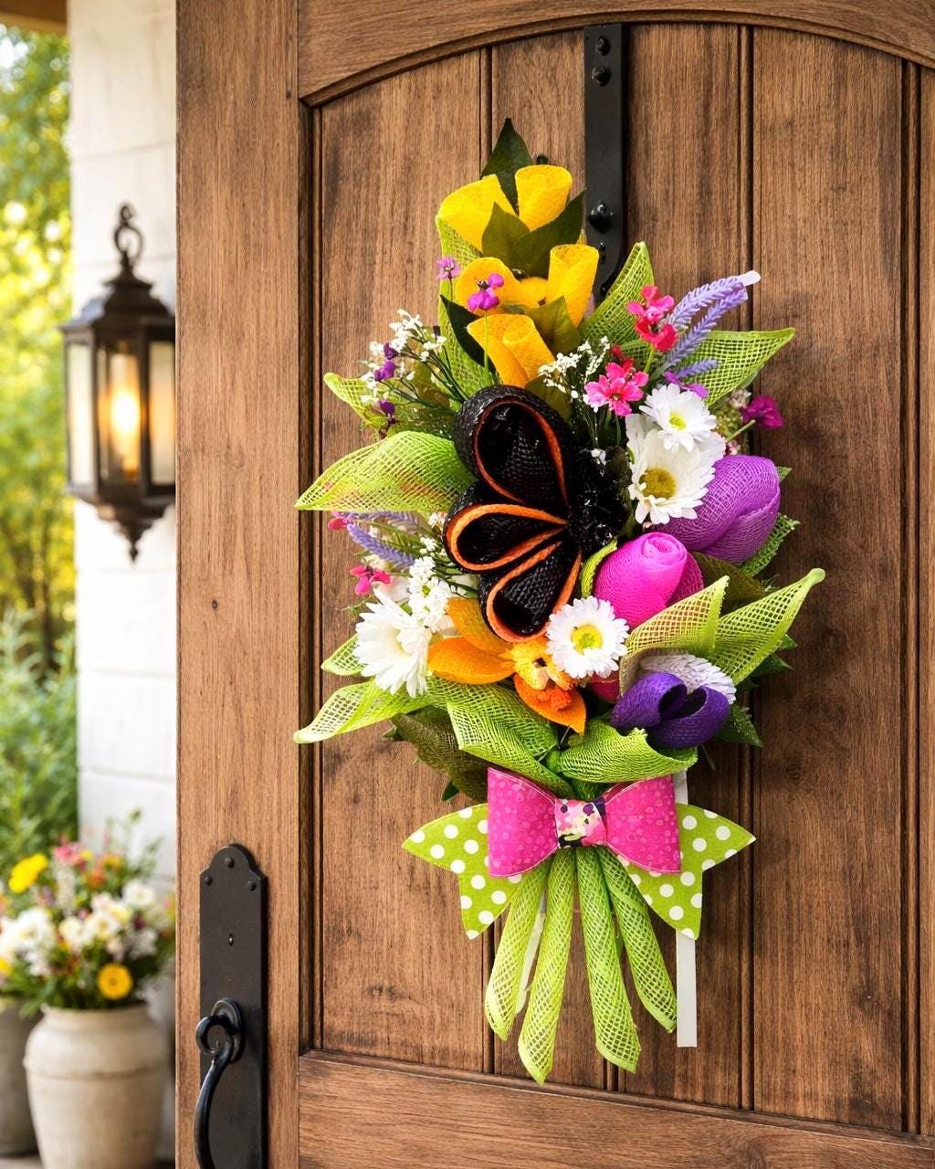 Floral Bouquet Wreath with Butterfly, Mesh Floral Design, Front Door Decor