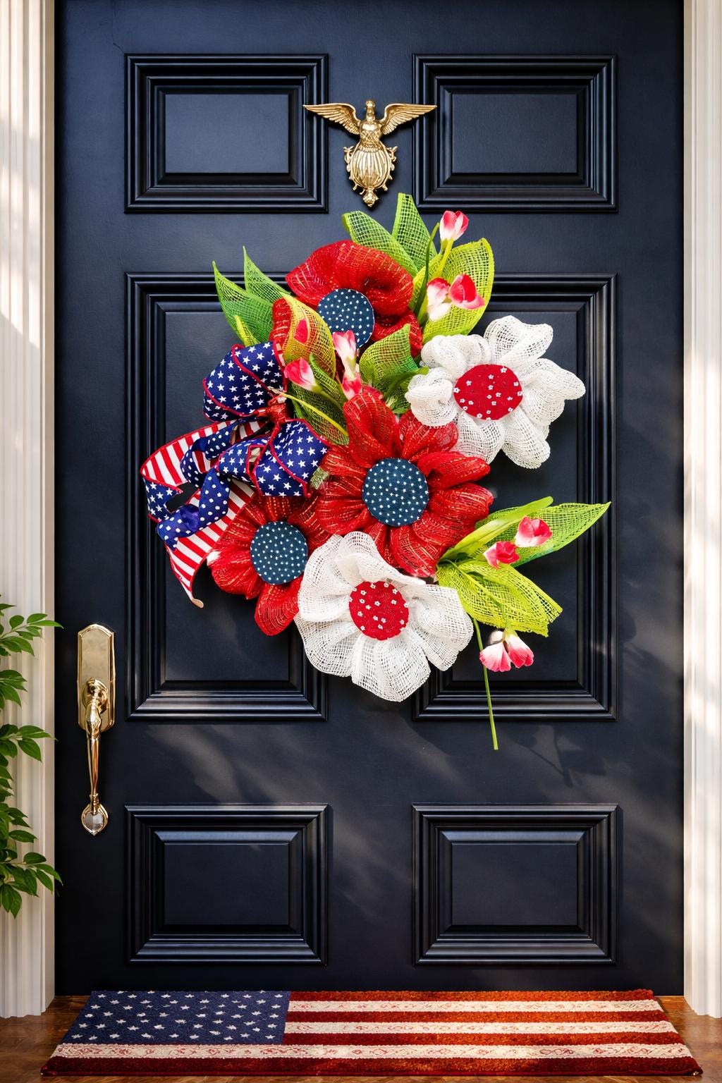 Patriotic Wreath, Flower Design, Red White & Blue with Ribbon Bow