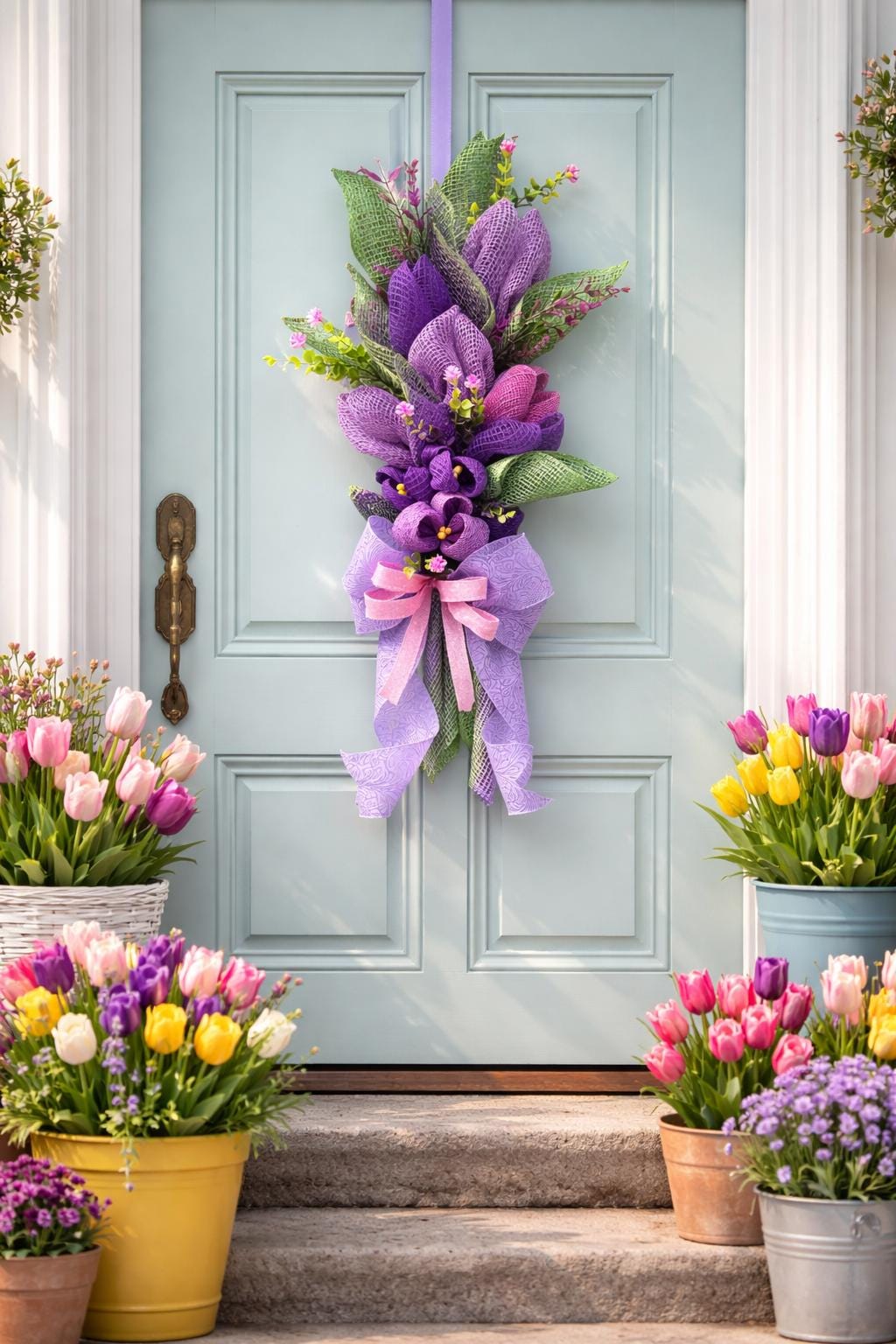 Flower Bouquet Wreath, Tulips, Purple Floral Door Decor, Mother’s Day