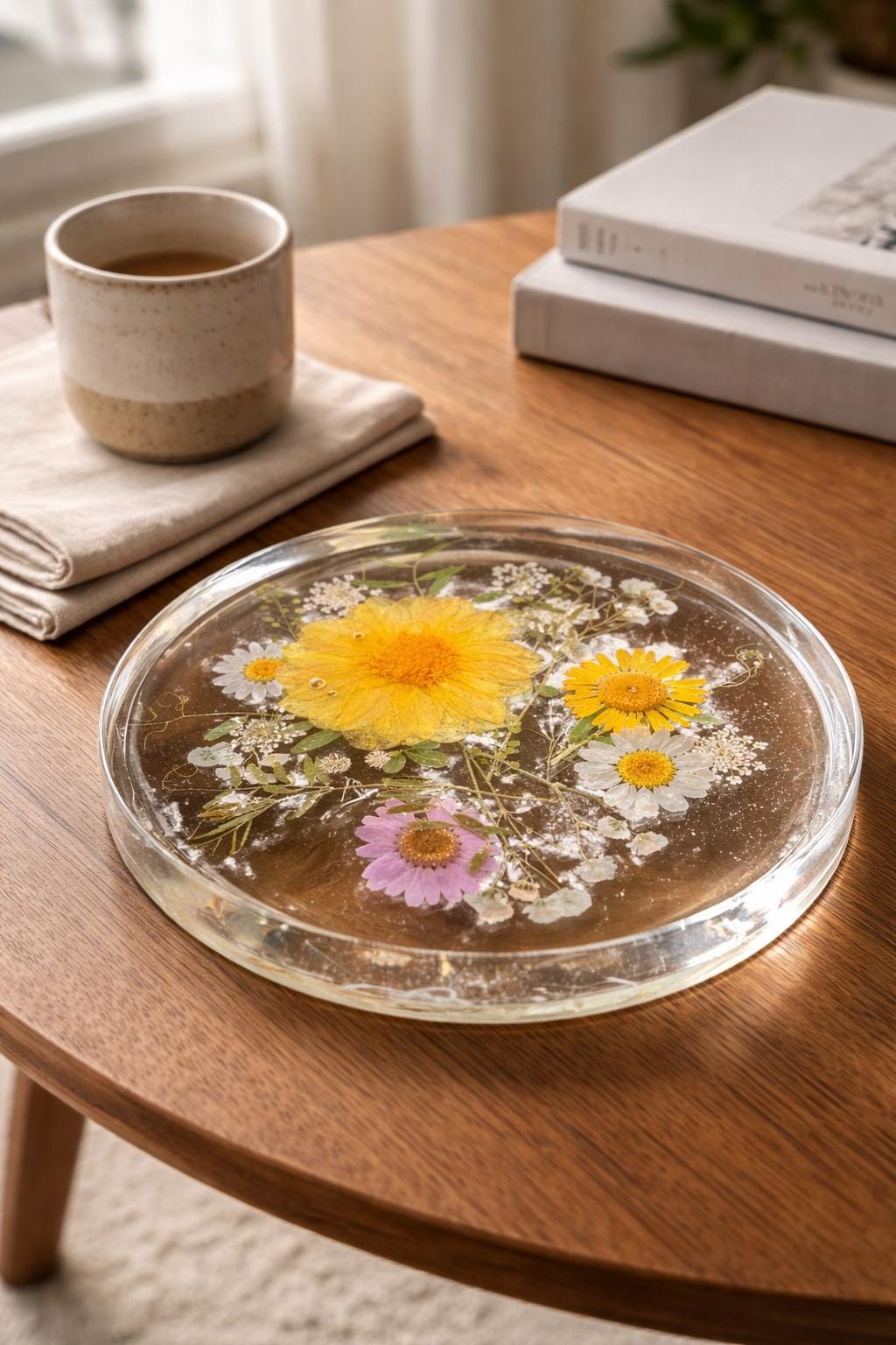 Resin Round Tray with Dried Flowers, Handcrafted